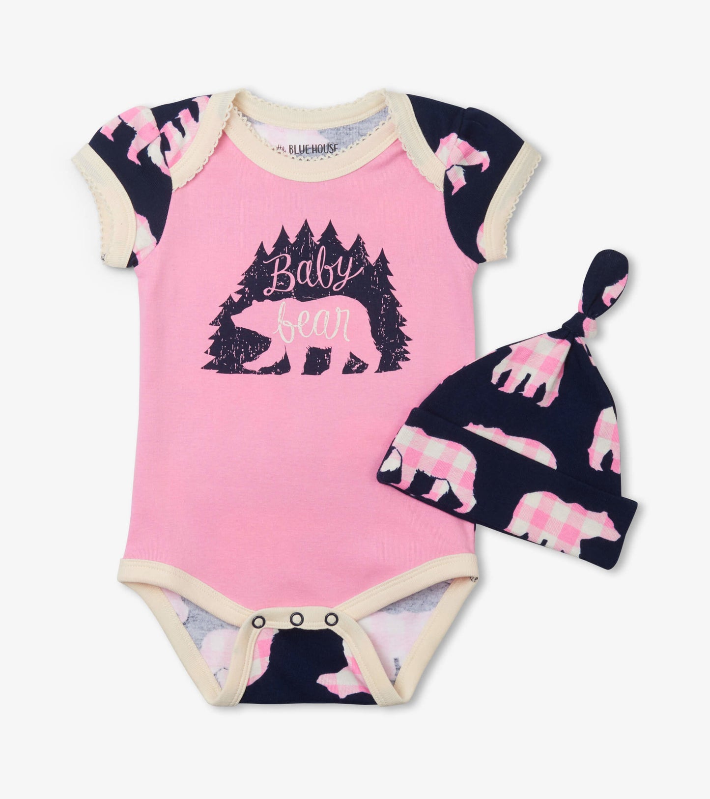 Pink baby bodysuit with bear graphic and navy hat featuring bear pattern, suitable for infants 3-24 months.