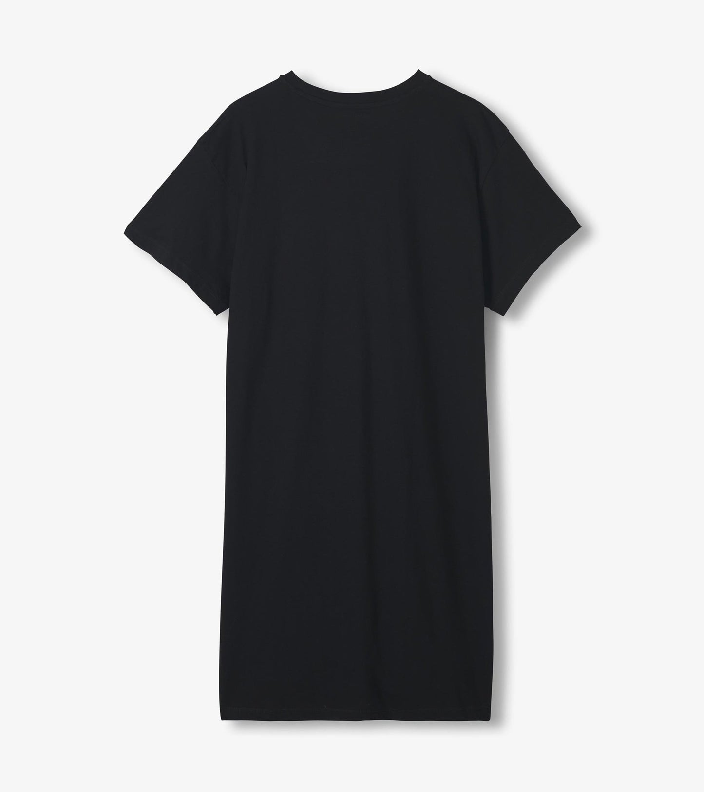 Black short-sleeve sleepshirt with a relaxed fit and round neckline, shown from the back.