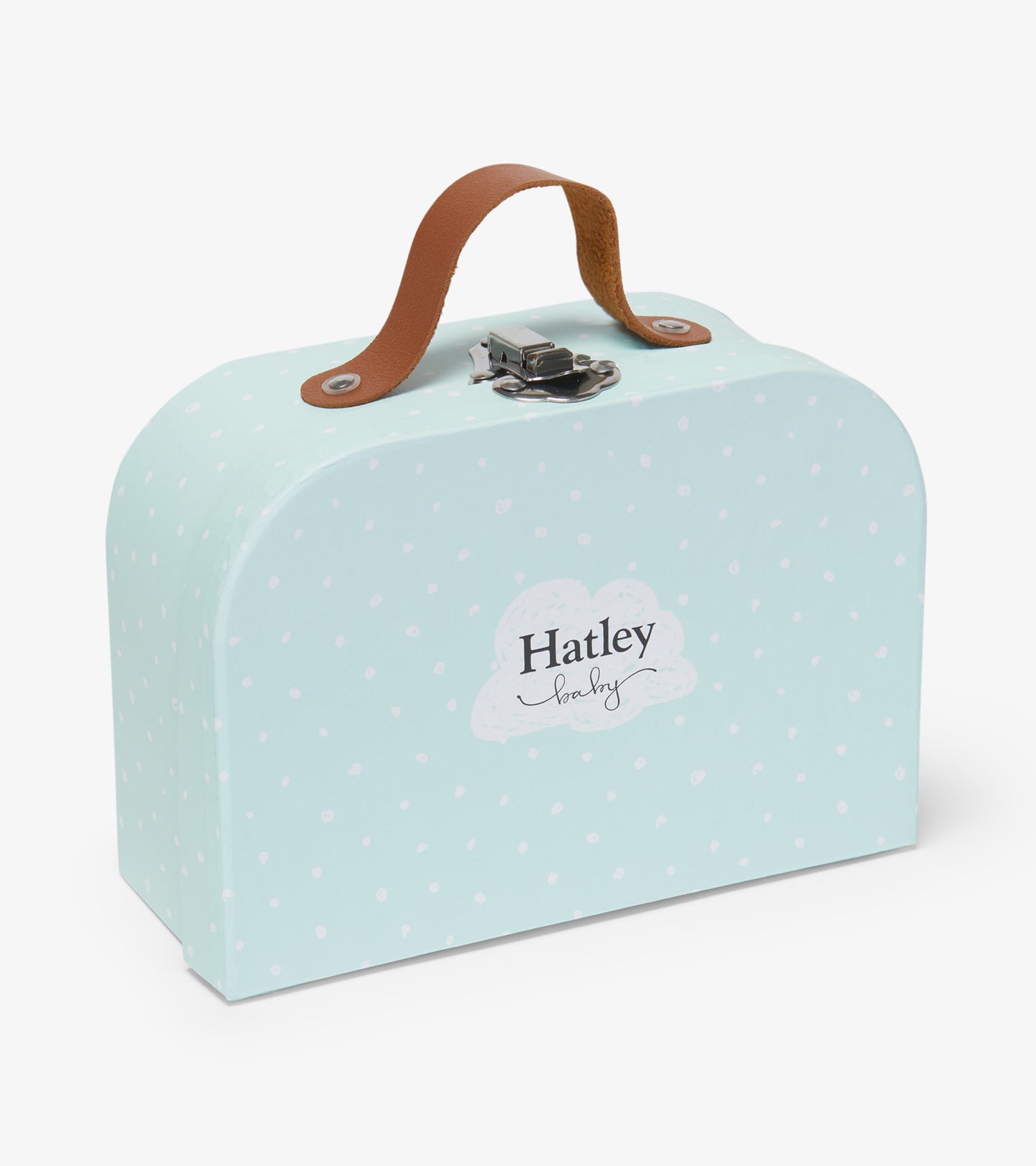 Light blue keepsake box with white polka dots, rounded top, and brown leather handle, ideal for storing newborn memories.