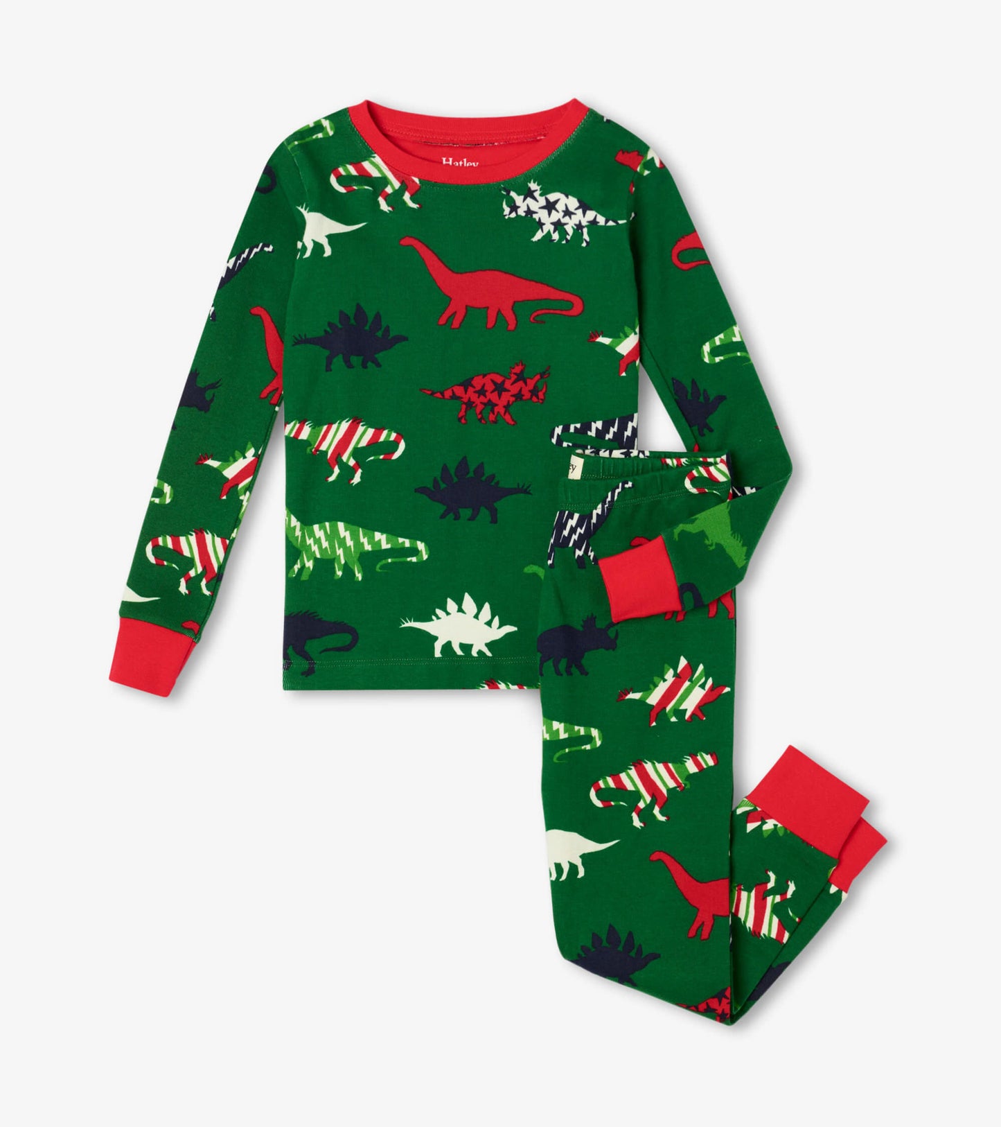 Green organic cotton pajama set featuring colorful dinosaur patterns, with red cuffs and neckline.