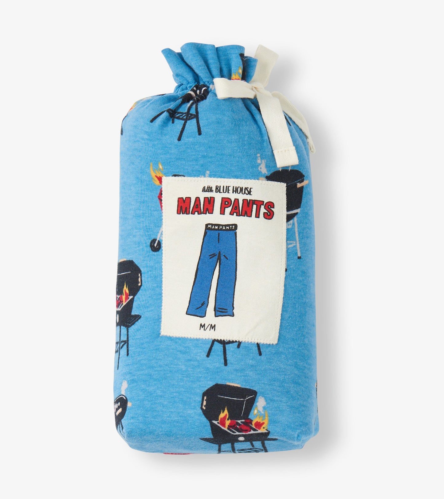 Blue drawstring bag containing pants with a barbecue grill pattern, featuring flames and grilling imagery.