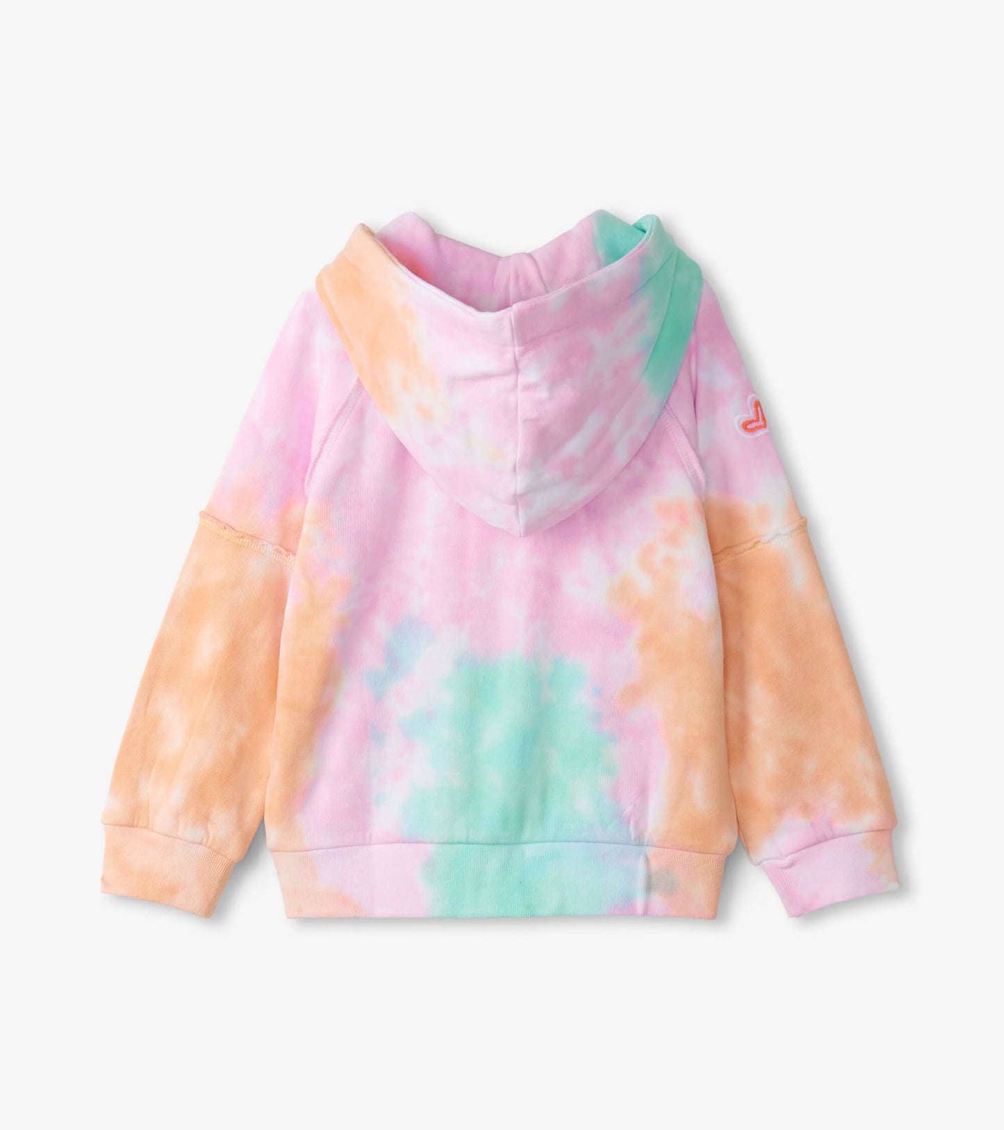 Pastel tie-dye hoodie featuring pink, orange, and mint colors with a hood and long sleeves. Back view displayed.