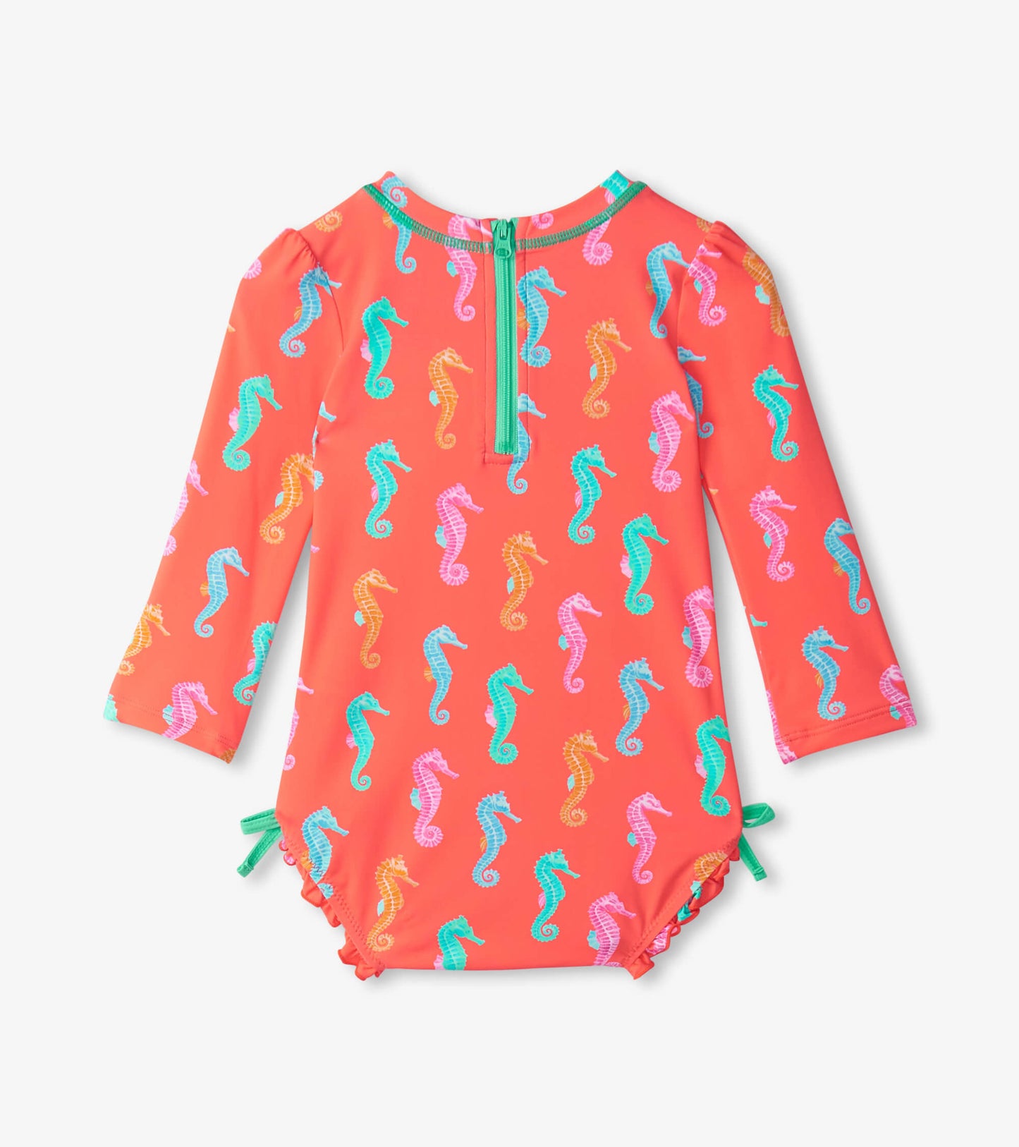 Coral rashguard swimsuit for baby girls featuring colorful seahorse patterns and long sleeves with a back zipper.