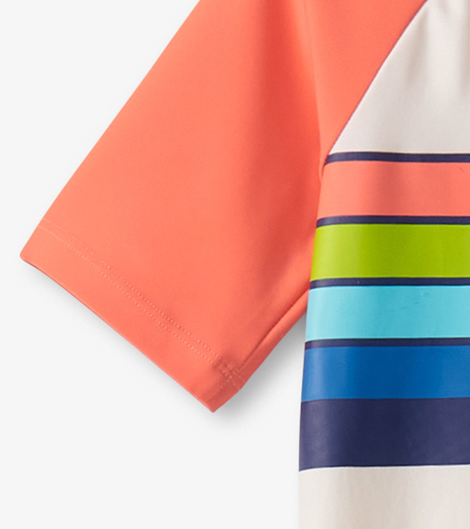 Short sleeve rashguard featuring coral and multicolored horizontal stripes, ideal for beach or pool activities.