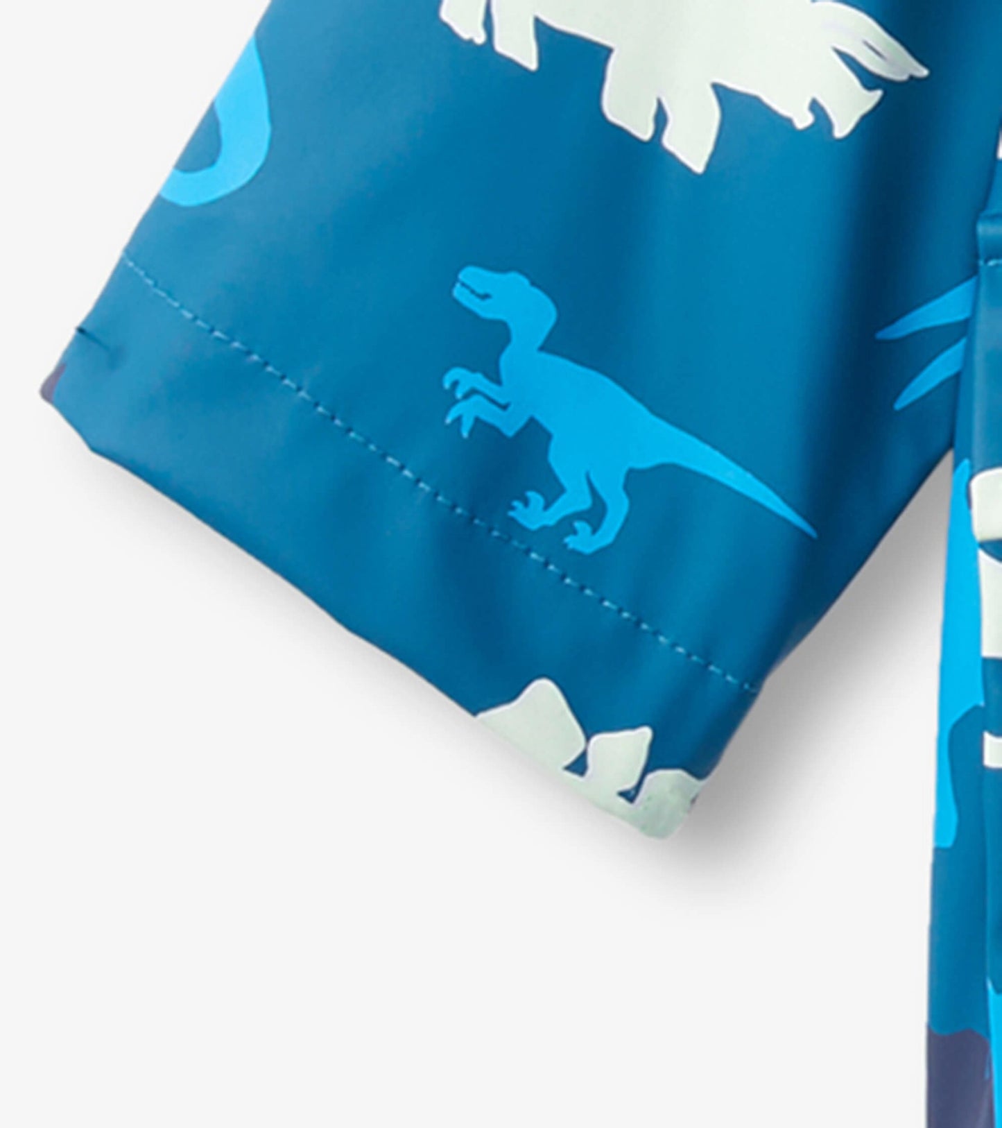 Blue raincoat featuring colorful dinosaur prints, designed for babies, with a lightweight, waterproof material.