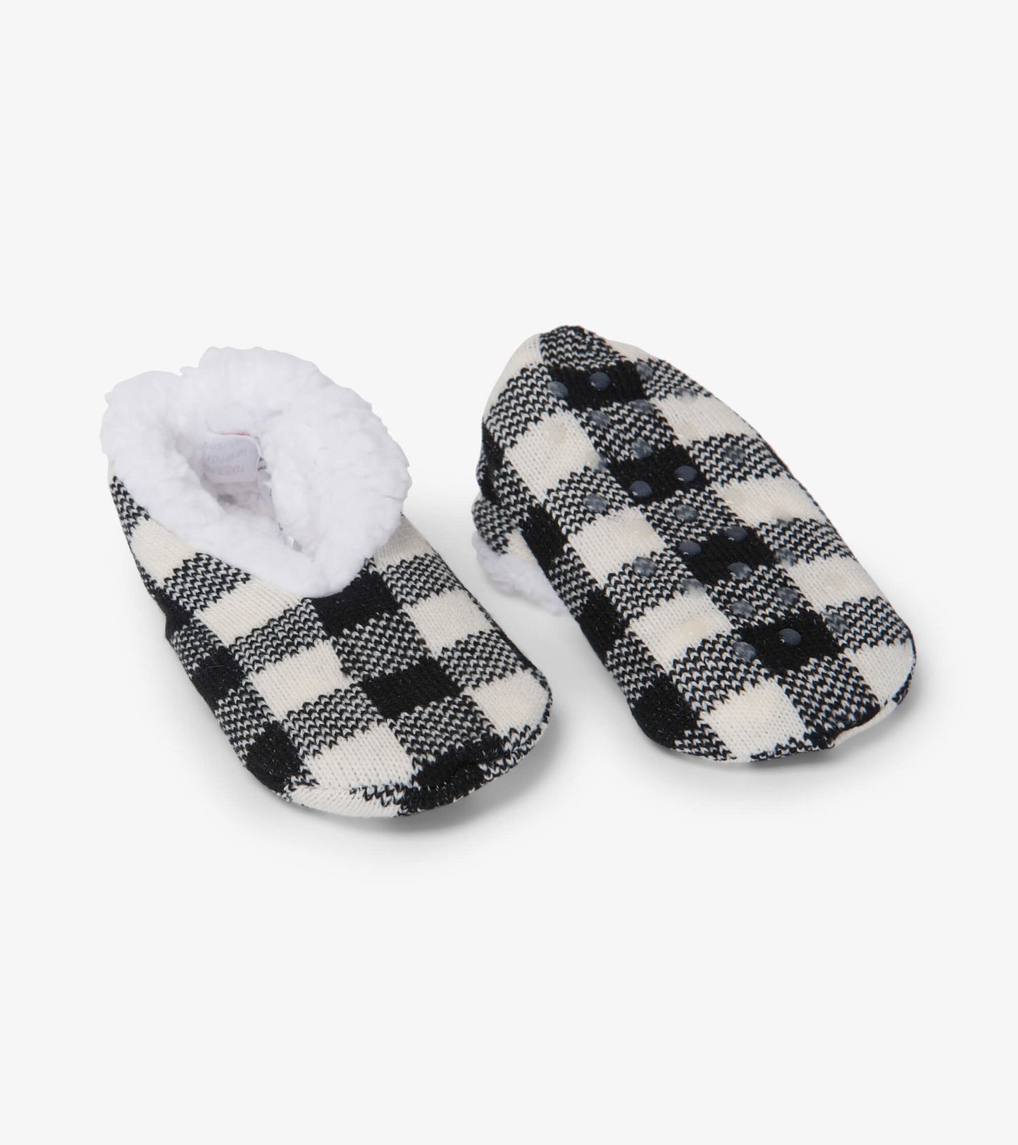 Cream plaid kids' slippers with soft white lining, designed for warmth and comfort.