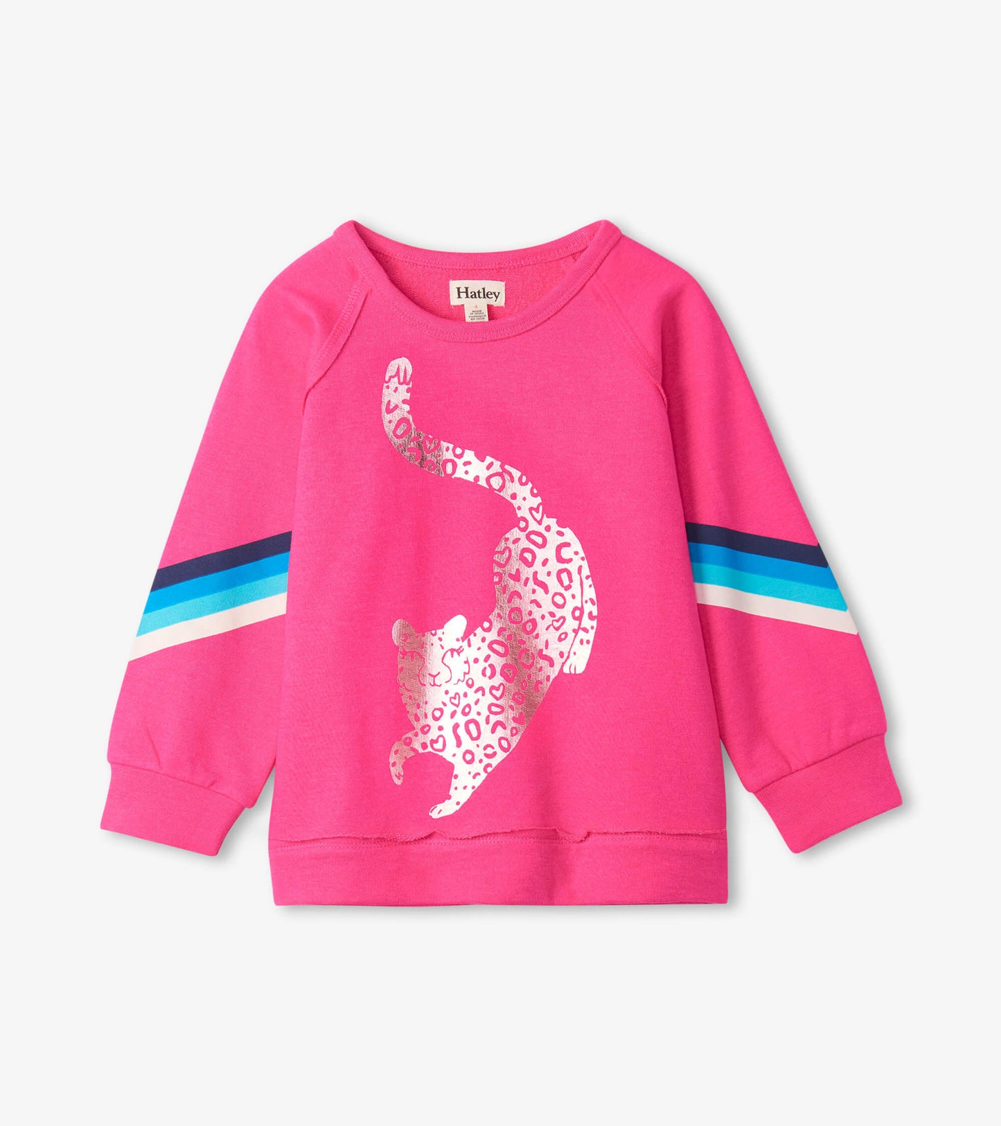 Bright pink pullover featuring a silver cheetah graphic and colorful striped sleeves. Ideal for casual wear.
