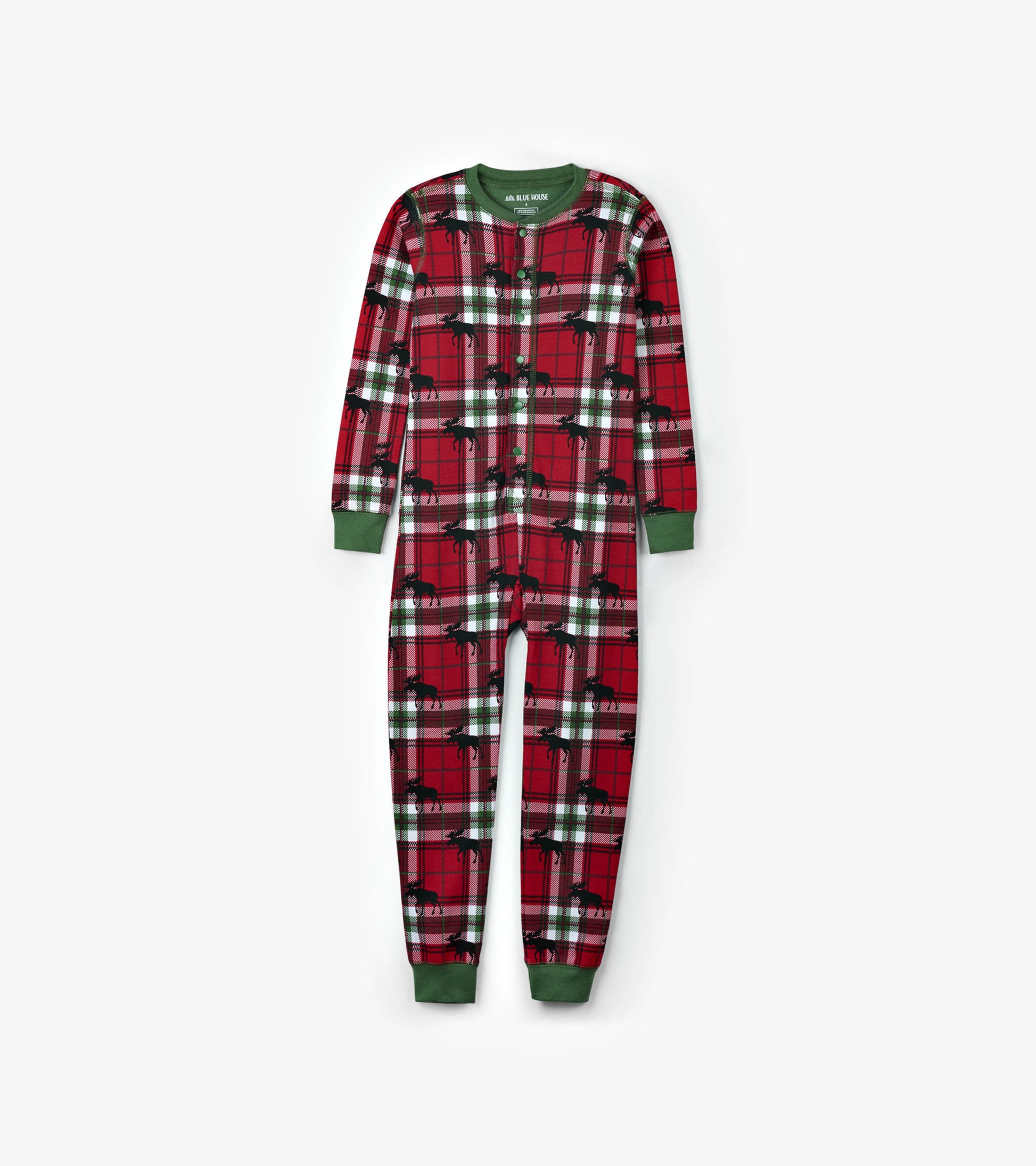 Red plaid kids' onesie featuring moose patterns and green cuffs, designed for cozy holiday wear.