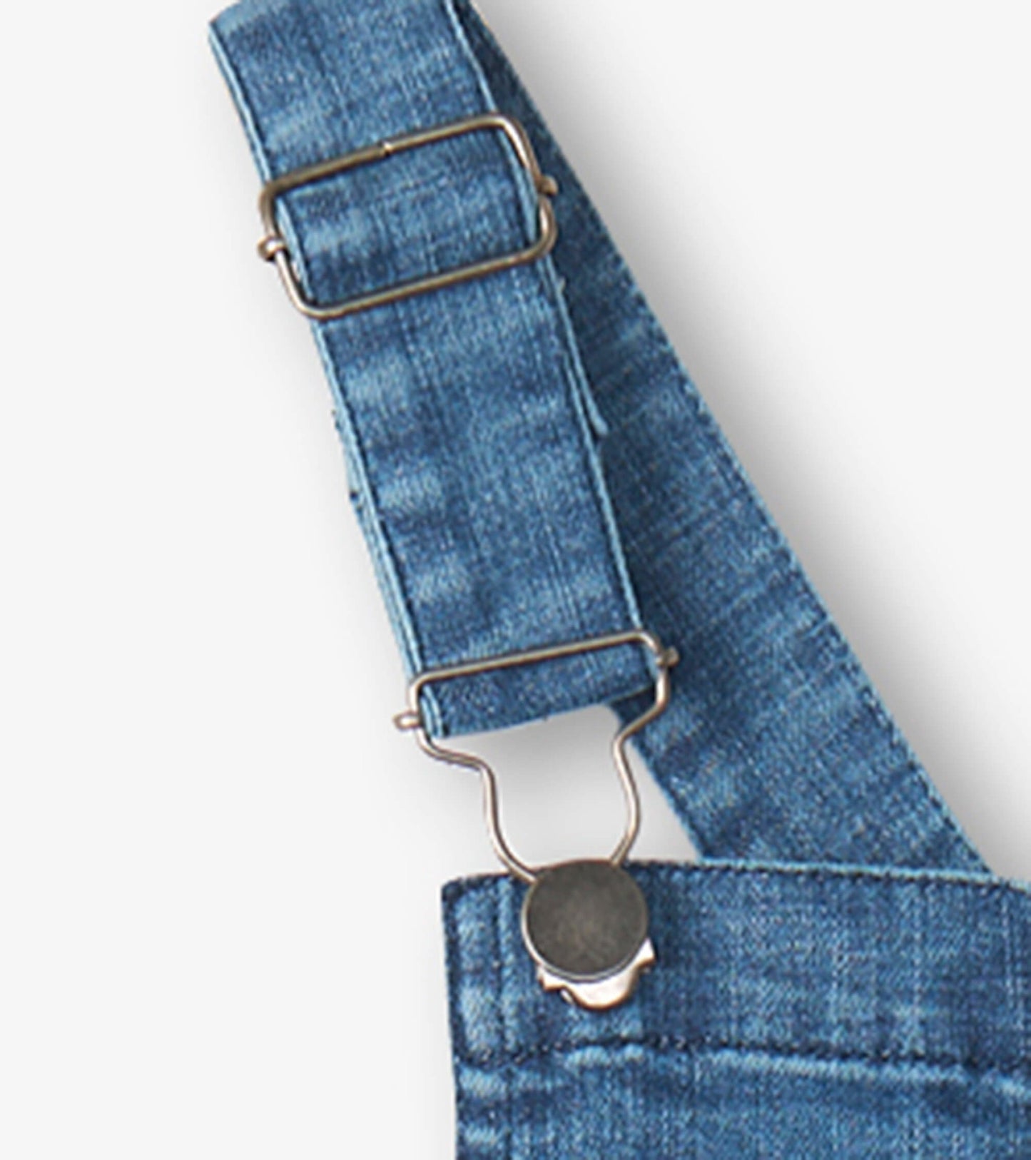 Blue denim overall strap with metal clips, showcasing a classic design for girls.