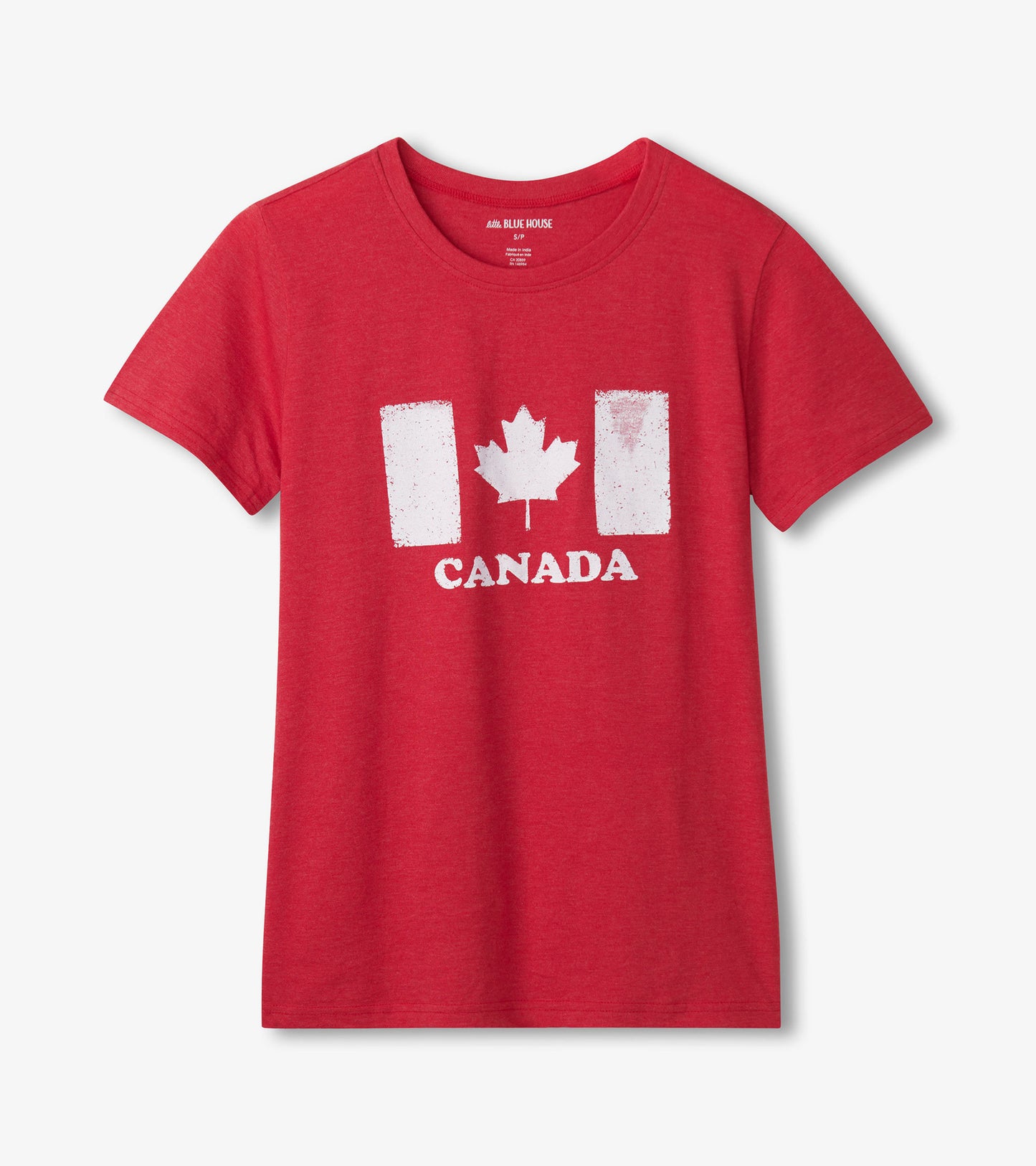 Red short-sleeve tee featuring a white graphic of the Canadian flag and the word "CANADA" below.
