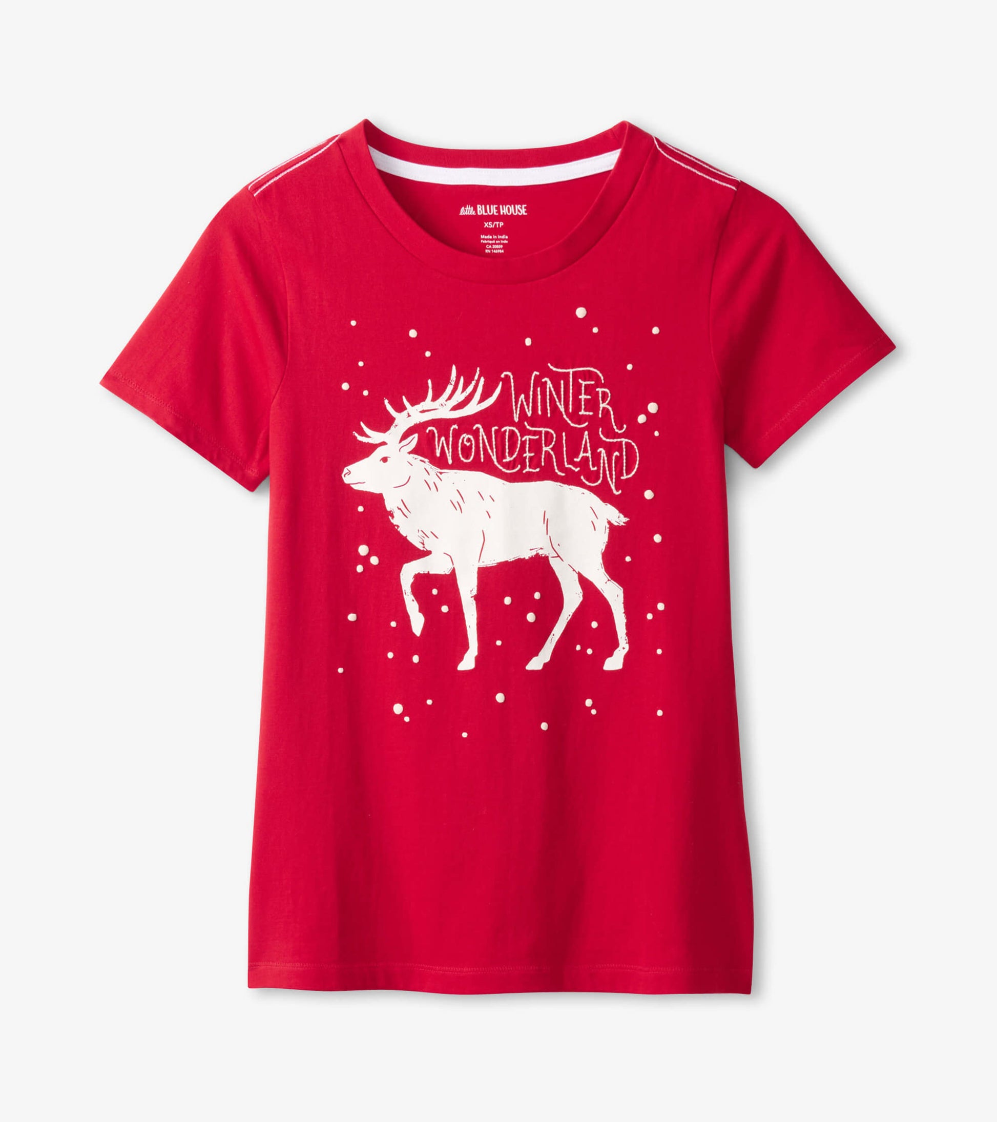 Red short sleeve t-shirt featuring a white winter-themed graphic with a moose and snowflakes.