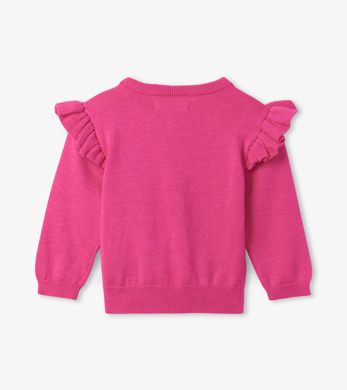 Bright pink sweater with ruffle sleeves, featuring a classic crew neck and soft knit material, suitable for babies.