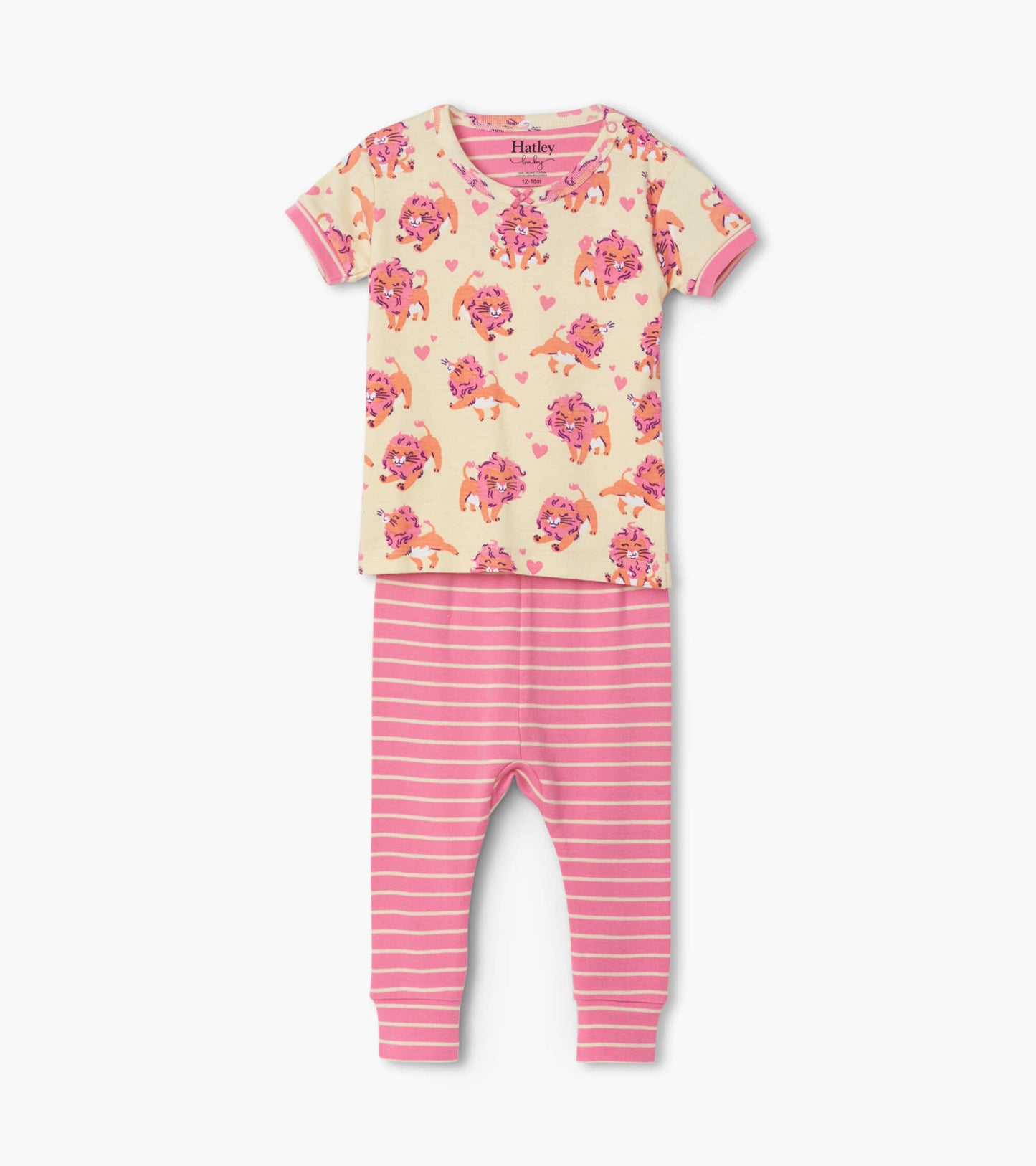 Organic cotton baby pajama set featuring a cream top with colorful lion prints and pink striped pants.