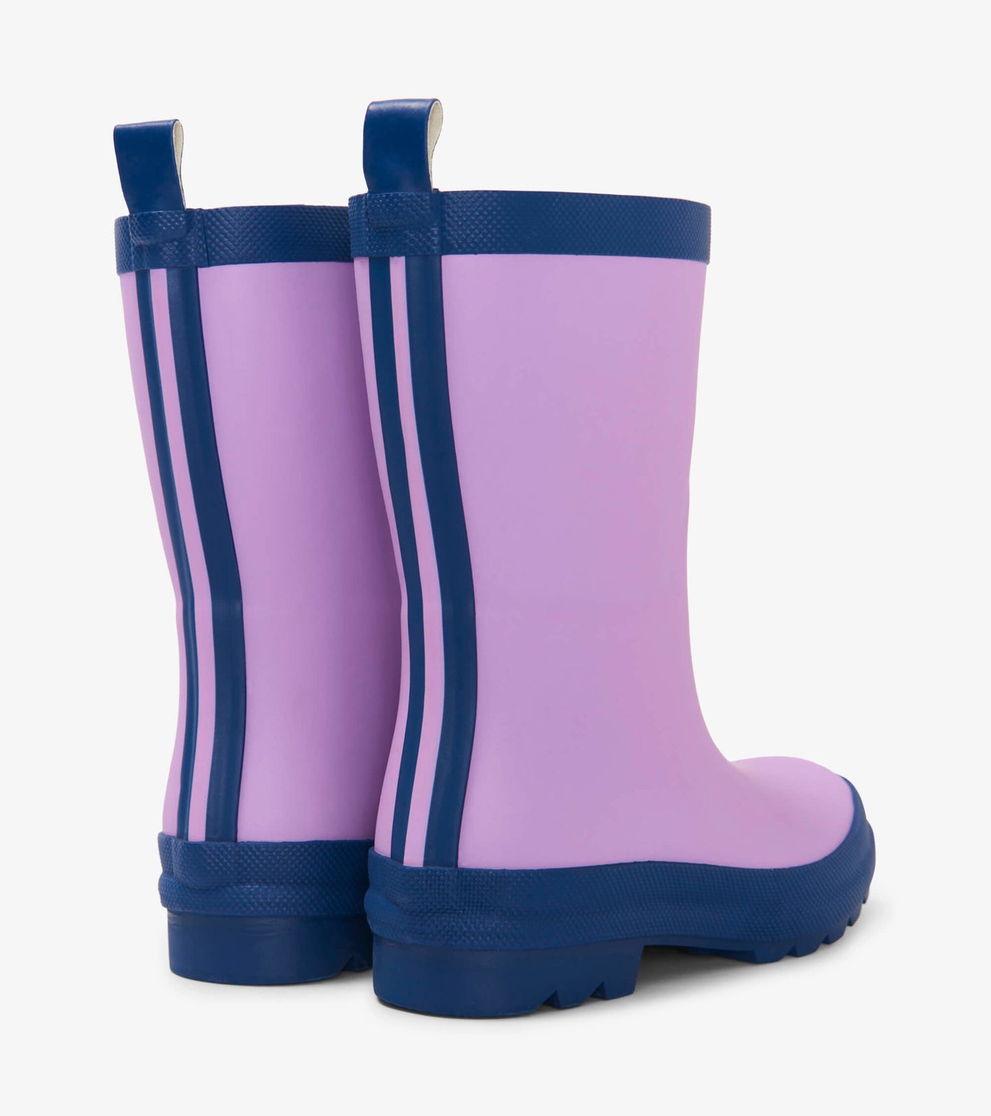 Lilac matte rain boots with navy accents and stripes, featuring a sturdy sole and pull tabs for easy wear.