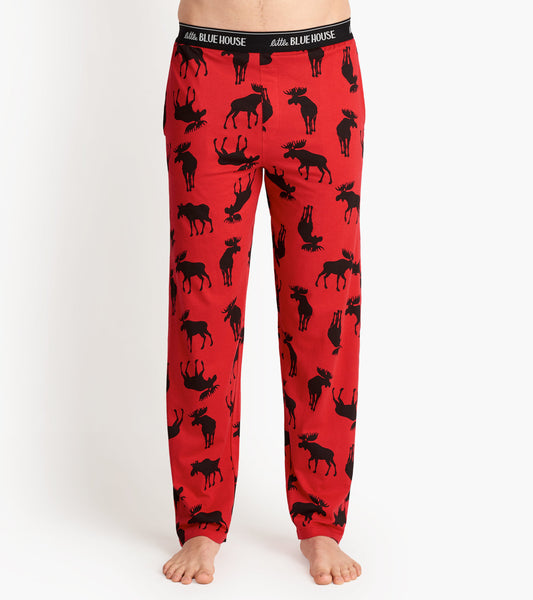 Red stretch cotton pajama pants featuring a black moose pattern, designed for comfort and casual wear.