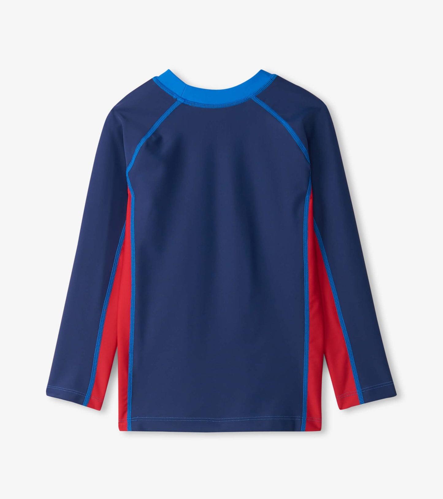 Navy long sleeve rashguard featuring red side panels and blue accents, designed for boys' water activities.