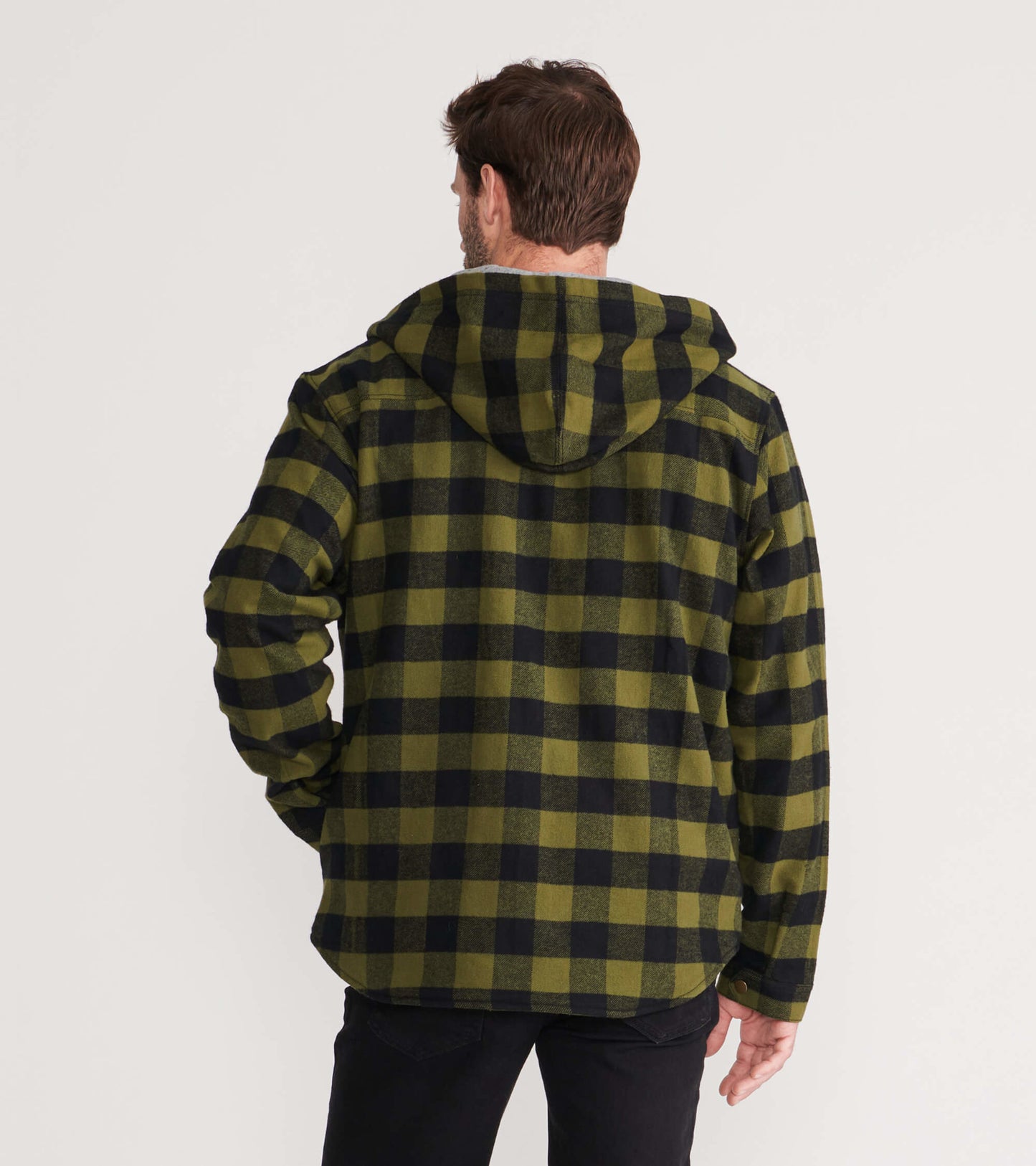 Men's flannel jacket in green and black plaid with a hood, shown from the back.