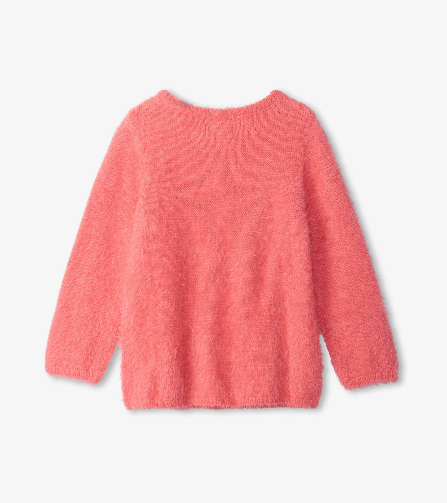 Fuzzy, soft sweater in a vibrant pink color with a round neckline and long sleeves, viewed from the back.