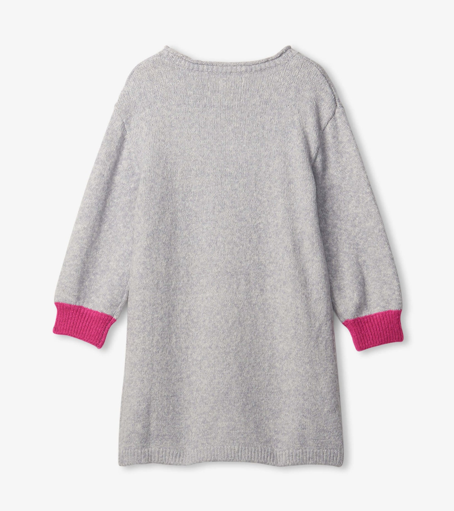Gray sweater dress with long sleeves and pink ribbed cuffs, featuring a relaxed fit and soft knit material.