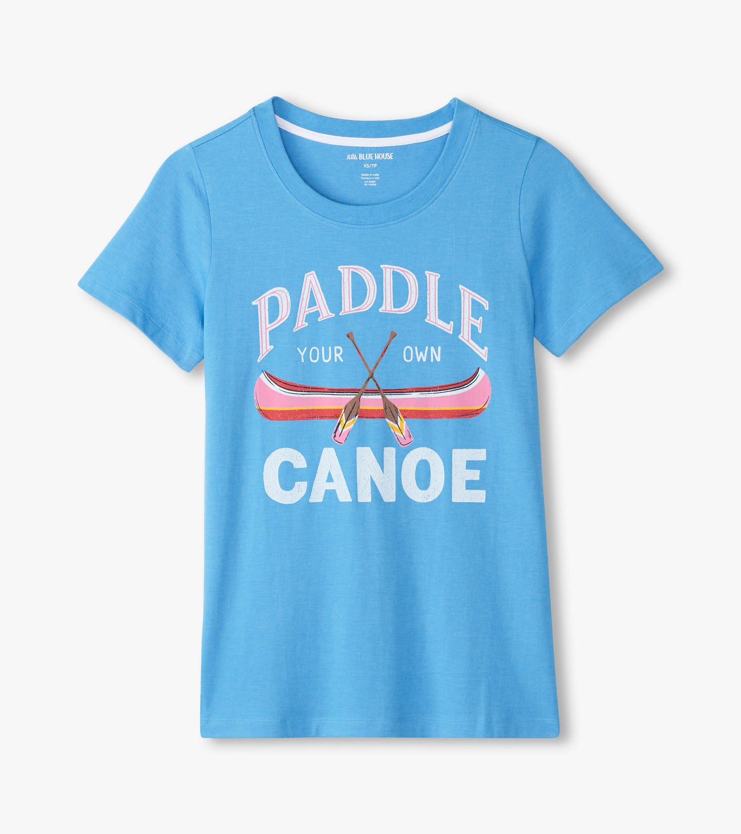 Light blue women's pajama t-shirt featuring a graphic print of a canoe and paddles with the text "Paddle Your Own Canoe.