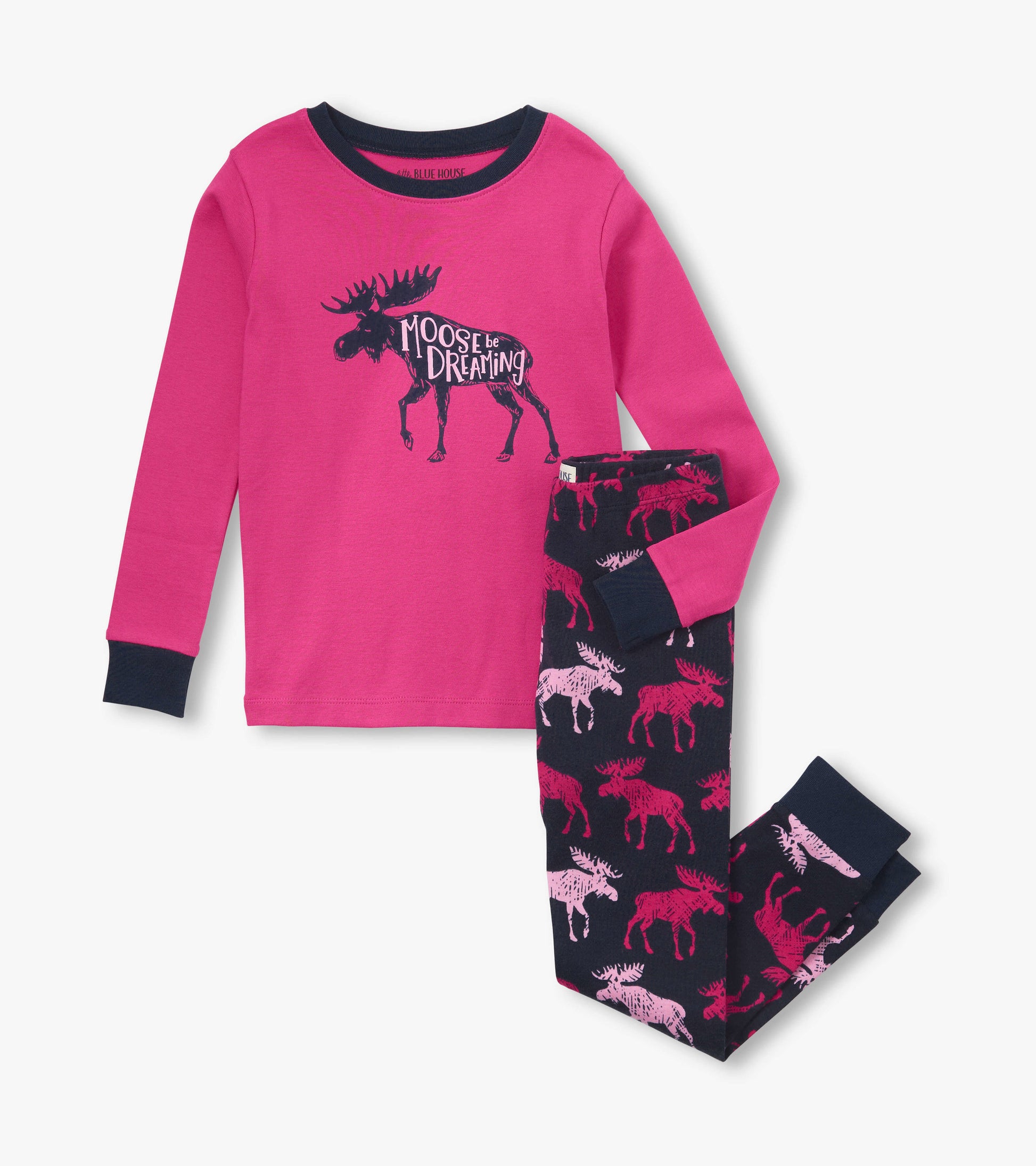 Pink long-sleeve pajama top with moose graphic paired with navy pants featuring colorful moose patterns.