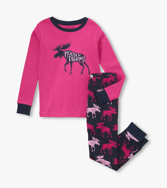 Pink long-sleeve pajama top with moose graphic paired with navy pants featuring colorful moose patterns.