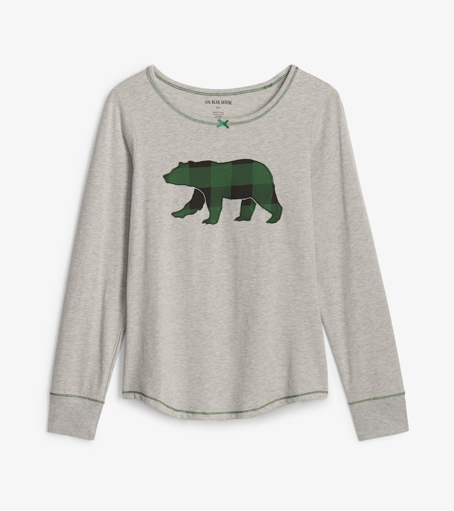 Forest green plaid bear graphic on a light gray long-sleeve stretch jersey top with a rounded neckline.