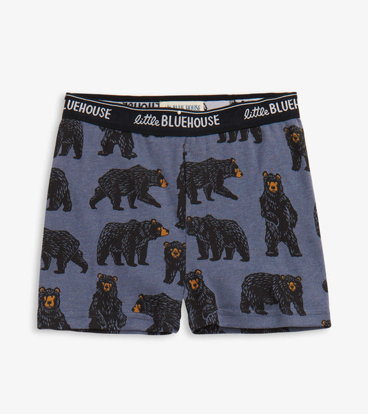 Blue boxer briefs featuring a playful bear pattern and a black waistband. Suitable for boys aged 2 to 8.