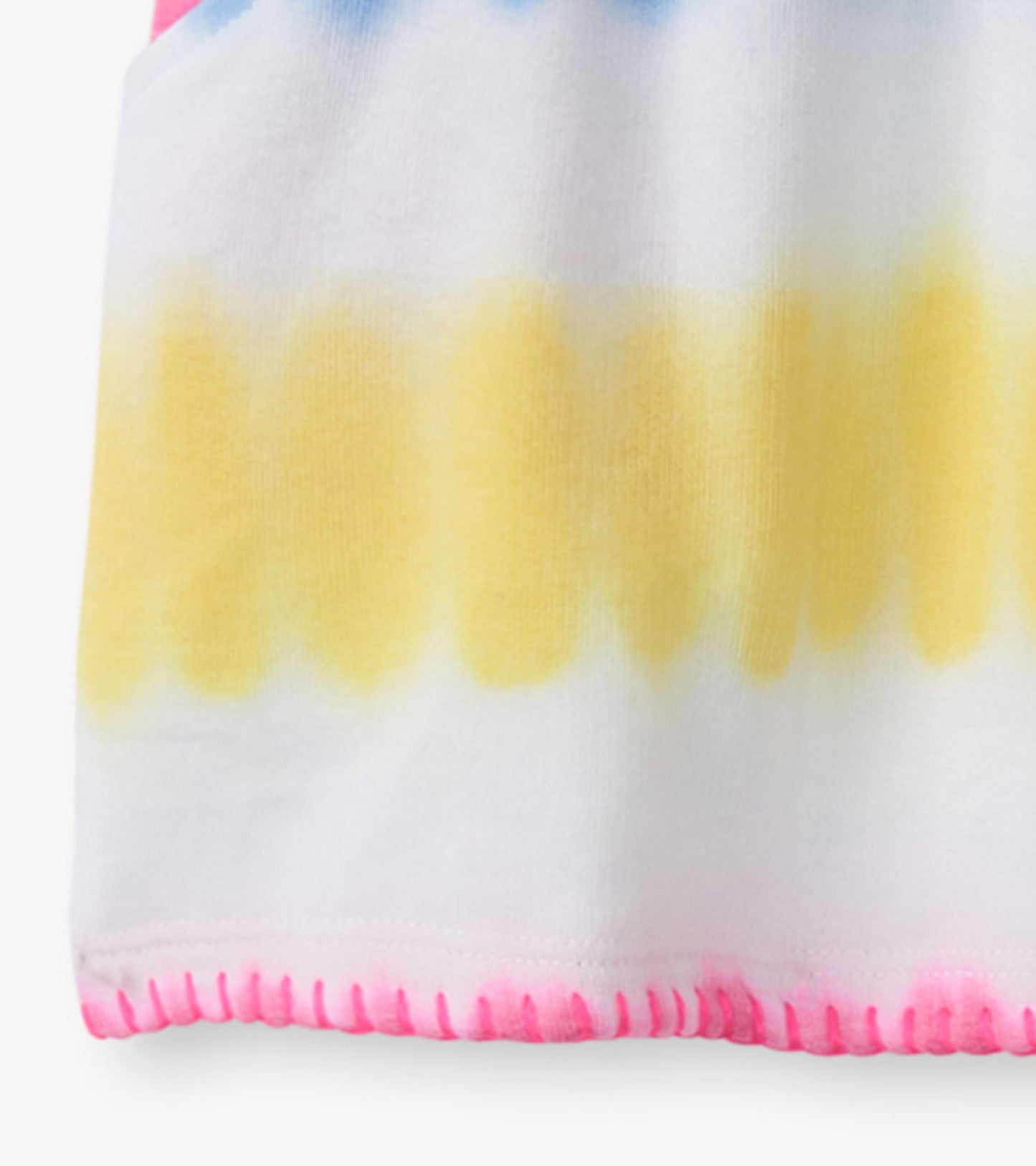 Girls' pull-on dress featuring a sunset tie-dye pattern in pink, yellow, and blue with a soft, comfortable fabric.