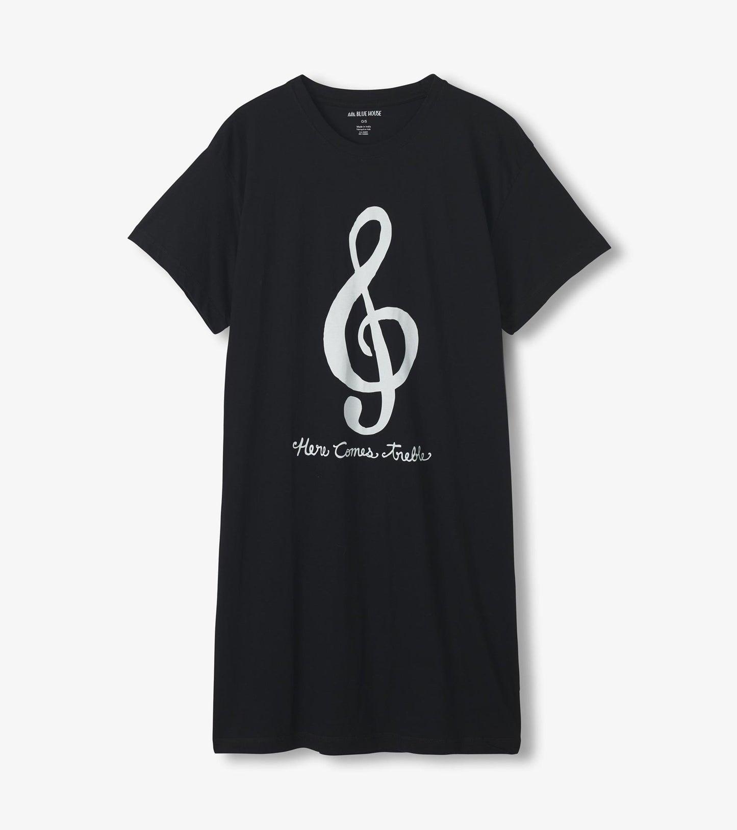 Black sleepshirt featuring a white treble clef graphic and text design, short sleeves, and a relaxed fit.