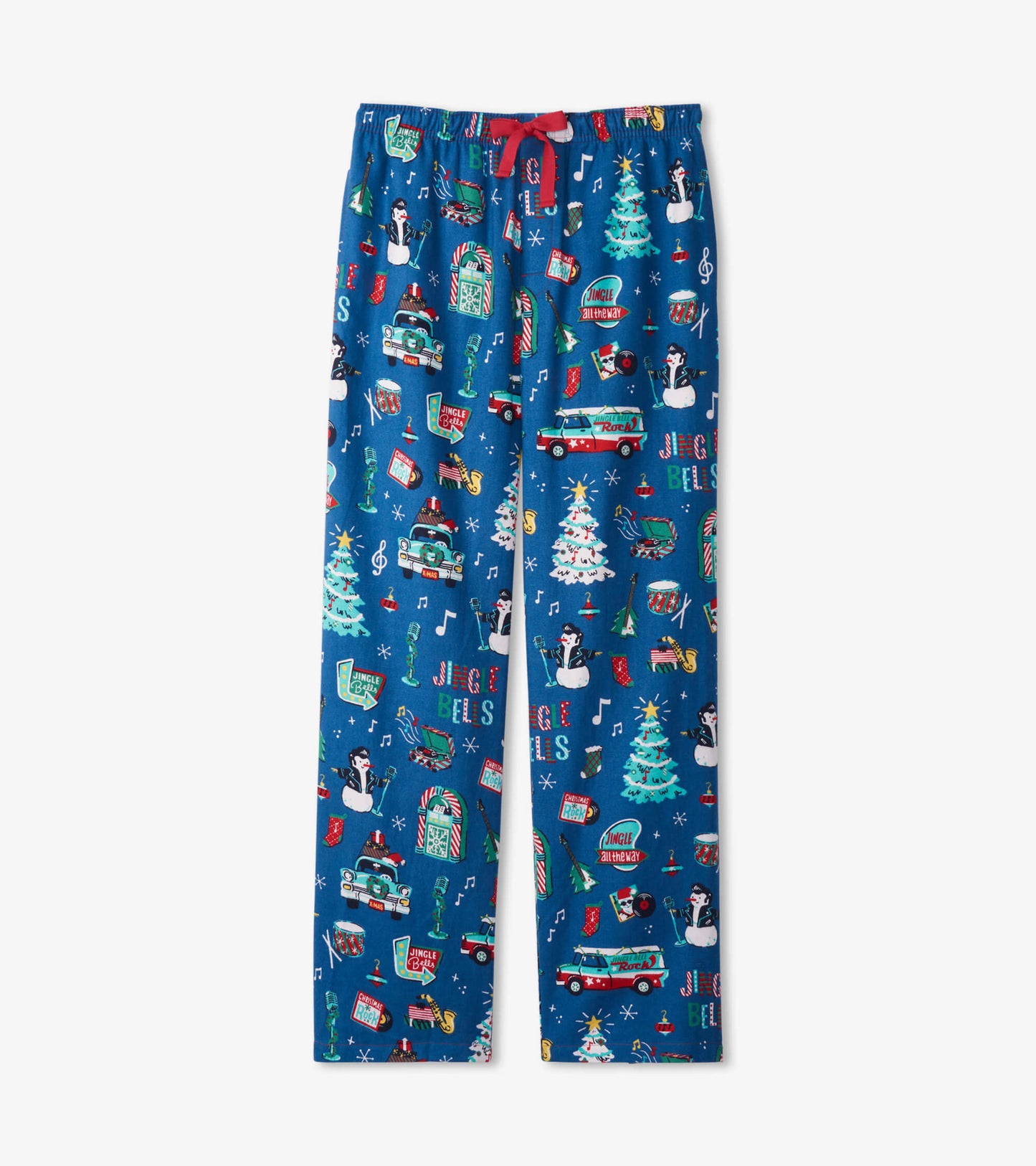 Blue flannel pajama pants featuring a festive holiday print with trees, snowmen, and musical notes. Elastic waistband with d…