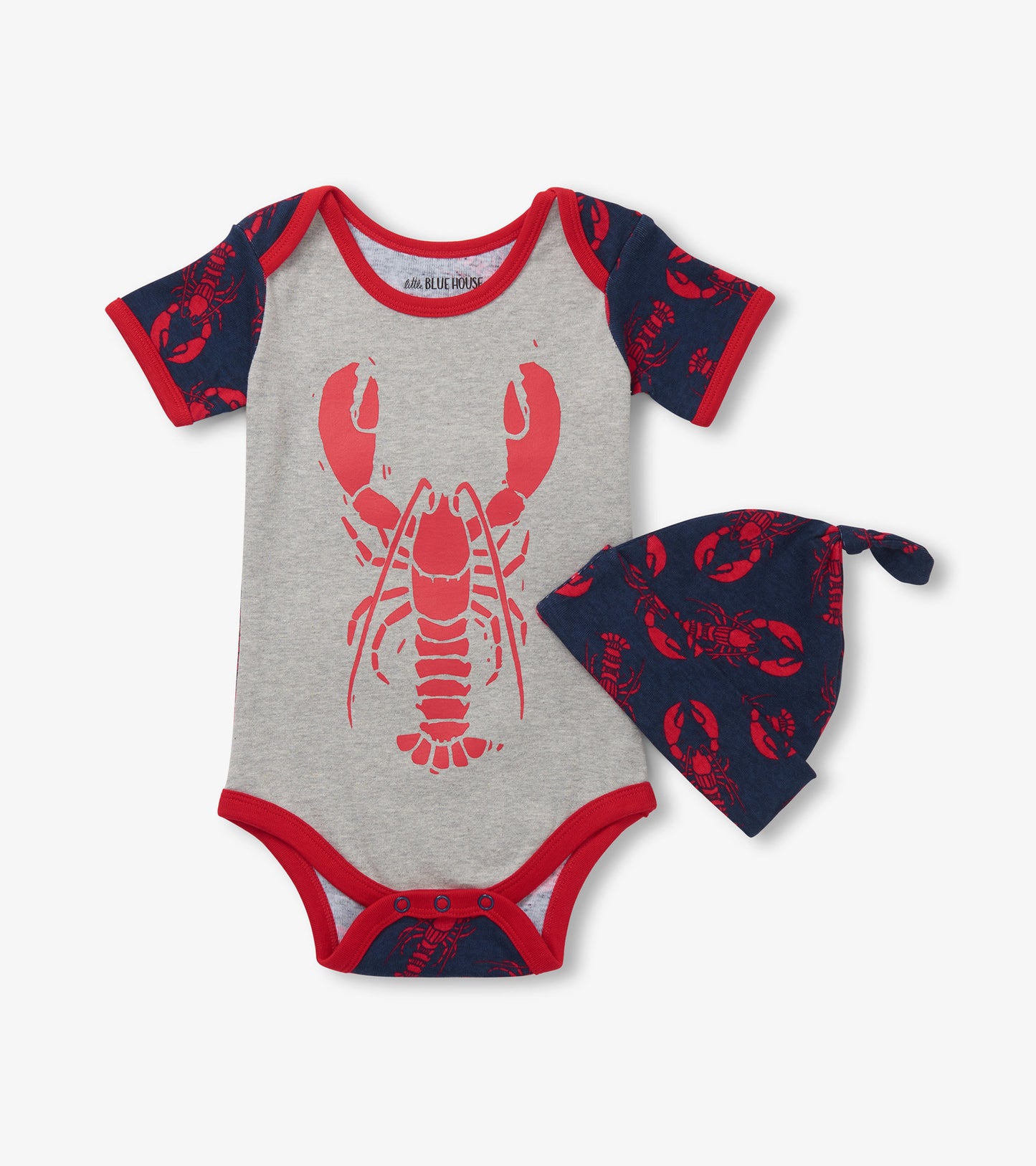 Gray baby bodysuit with red lobster print and red trim, paired with a matching navy hat featuring lobster pattern.