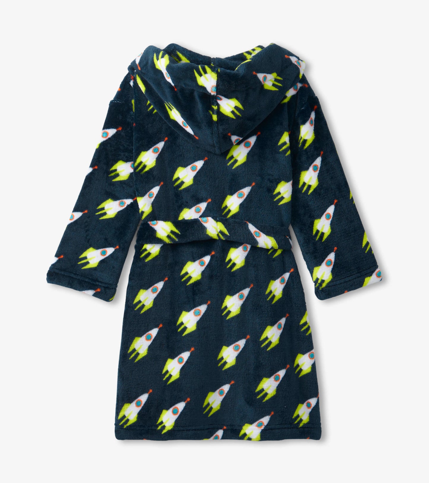 Navy fleece robe with rocket pattern, featuring a hood and tie belt, suitable for kids.