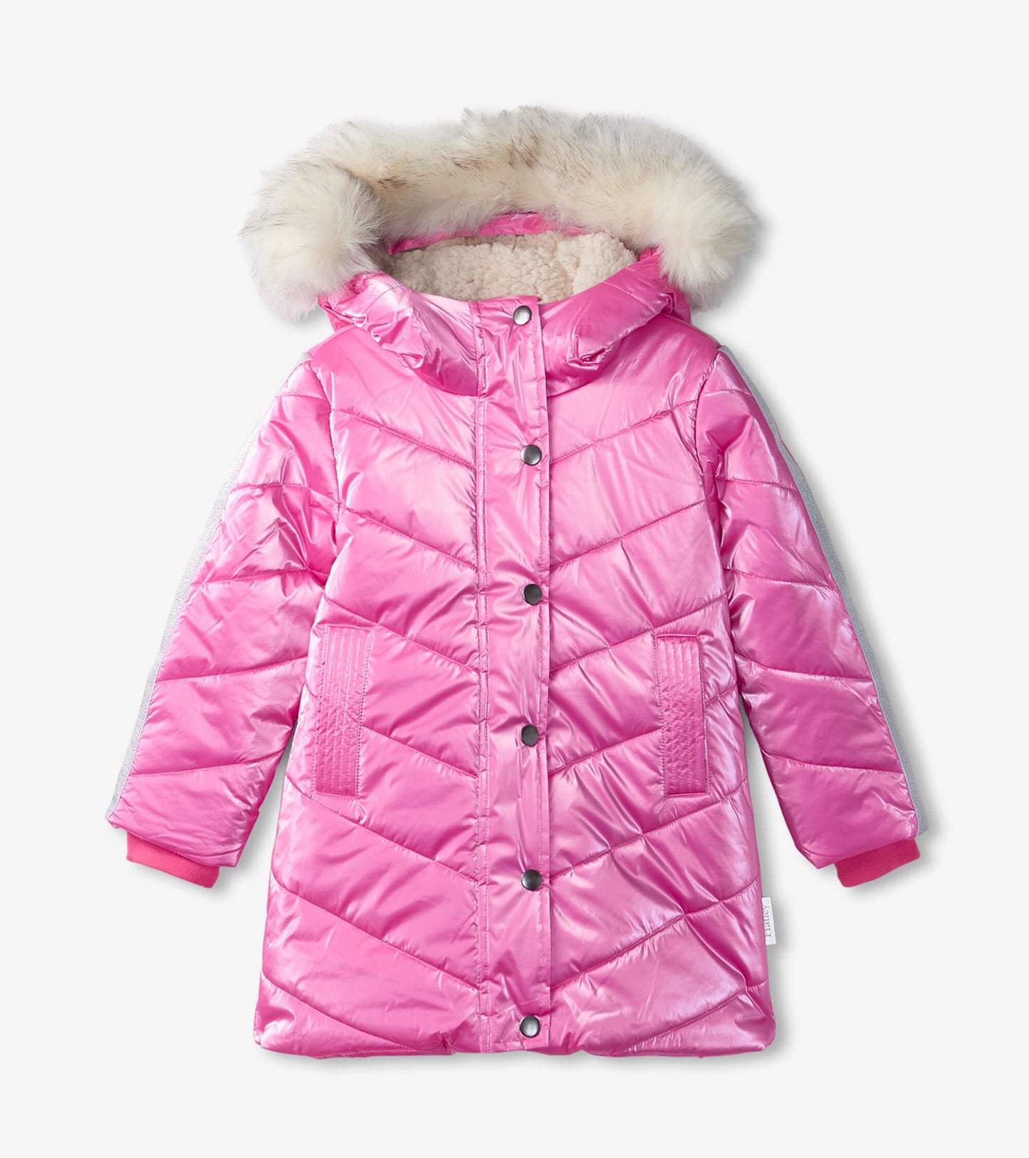 Shiny pink puffer jacket with a faux fur hood, featuring a chevron pattern and snap buttons.