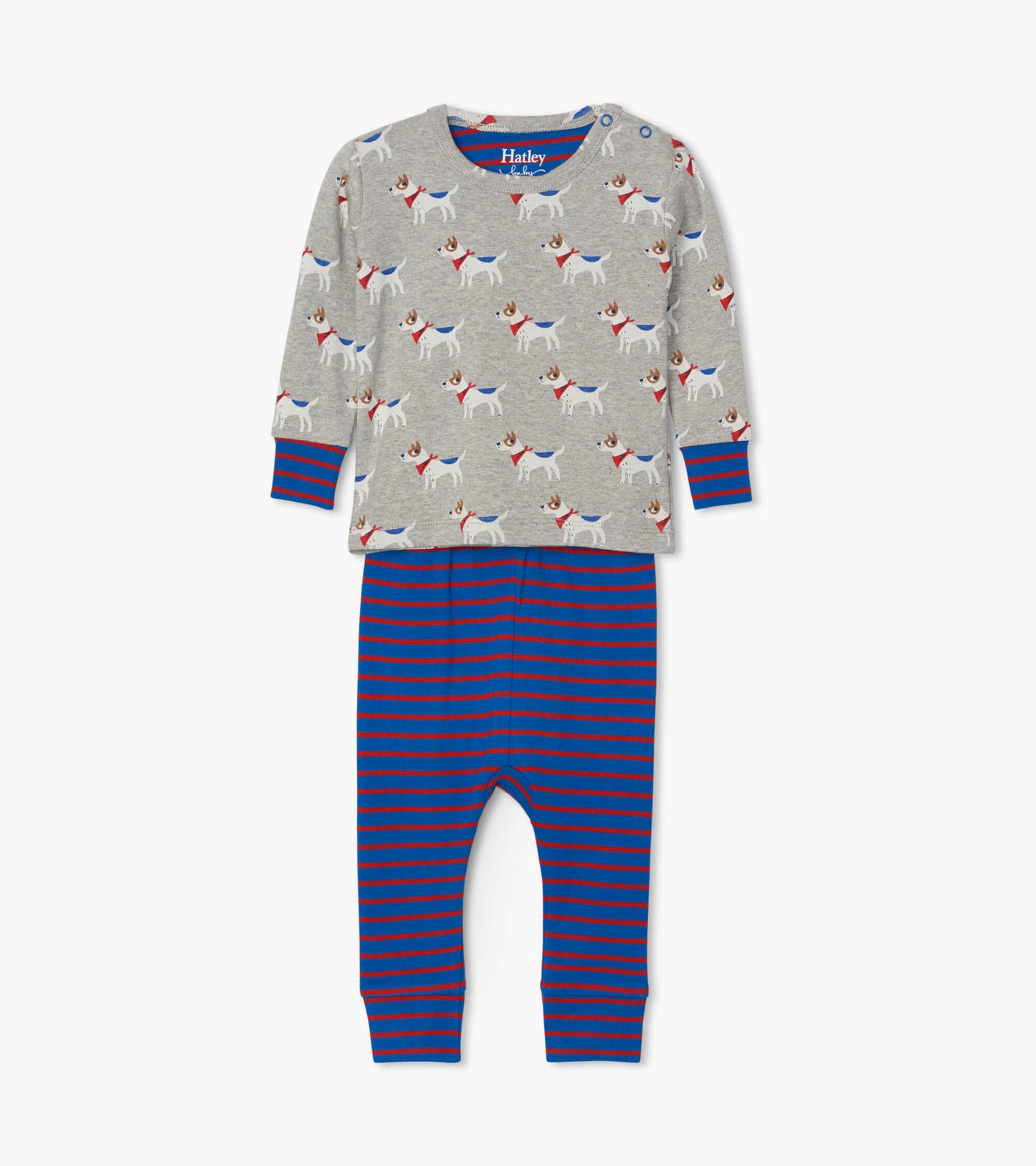 Gray long-sleeve top with dog print and red accents, paired with blue and red striped pants, made of organic cotton.