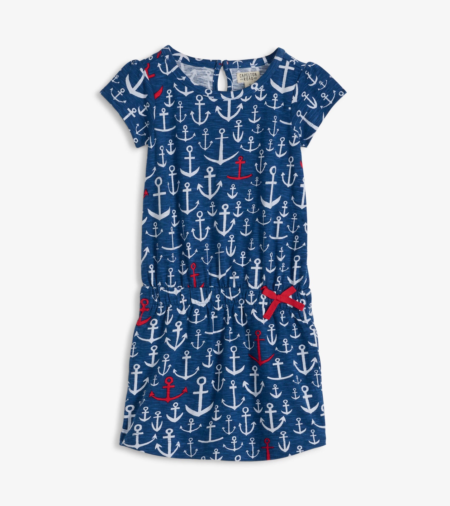 Navy t-shirt dress featuring a stacked anchor pattern in white and red, with a gathered waist and short sleeves.