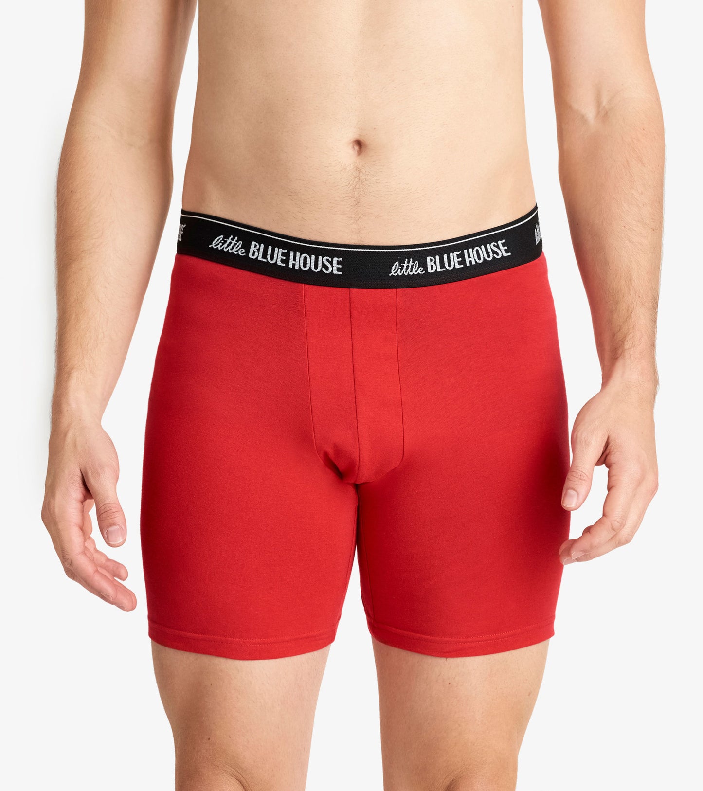 Red men's boxer briefs with a black waistband, featuring a snug fit and soft fabric.