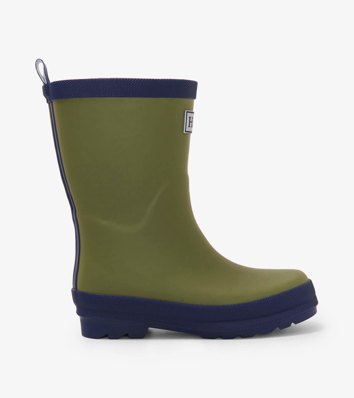 Forest green matte rain boot with a navy blue sole and trim, featuring a pull tab for easy wear.