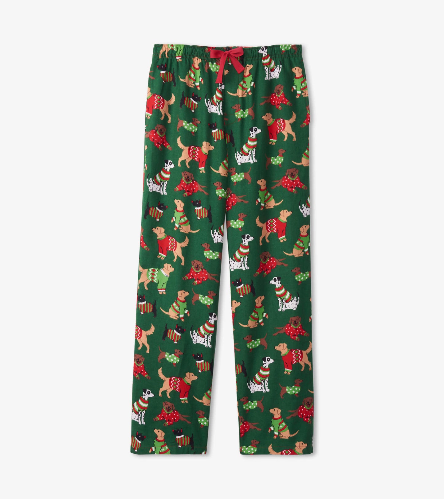 Green flannel pajama pants featuring a playful dog pattern in festive sweaters and accessories, with a red drawstring waist.