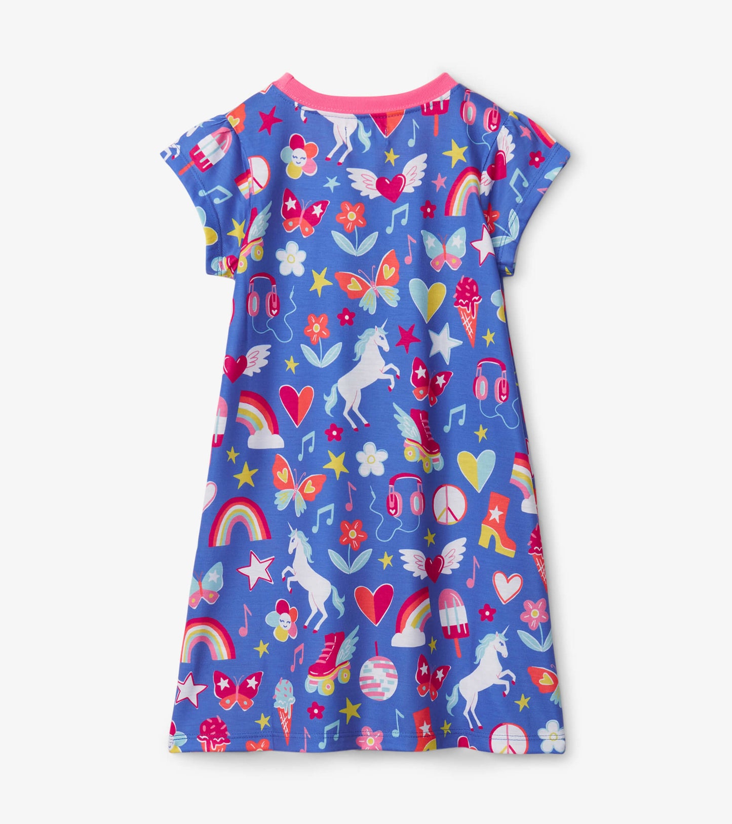 Short sleeve nightdress in blue with colorful unicorn, rainbow, and star patterns. Features a pink neckline.