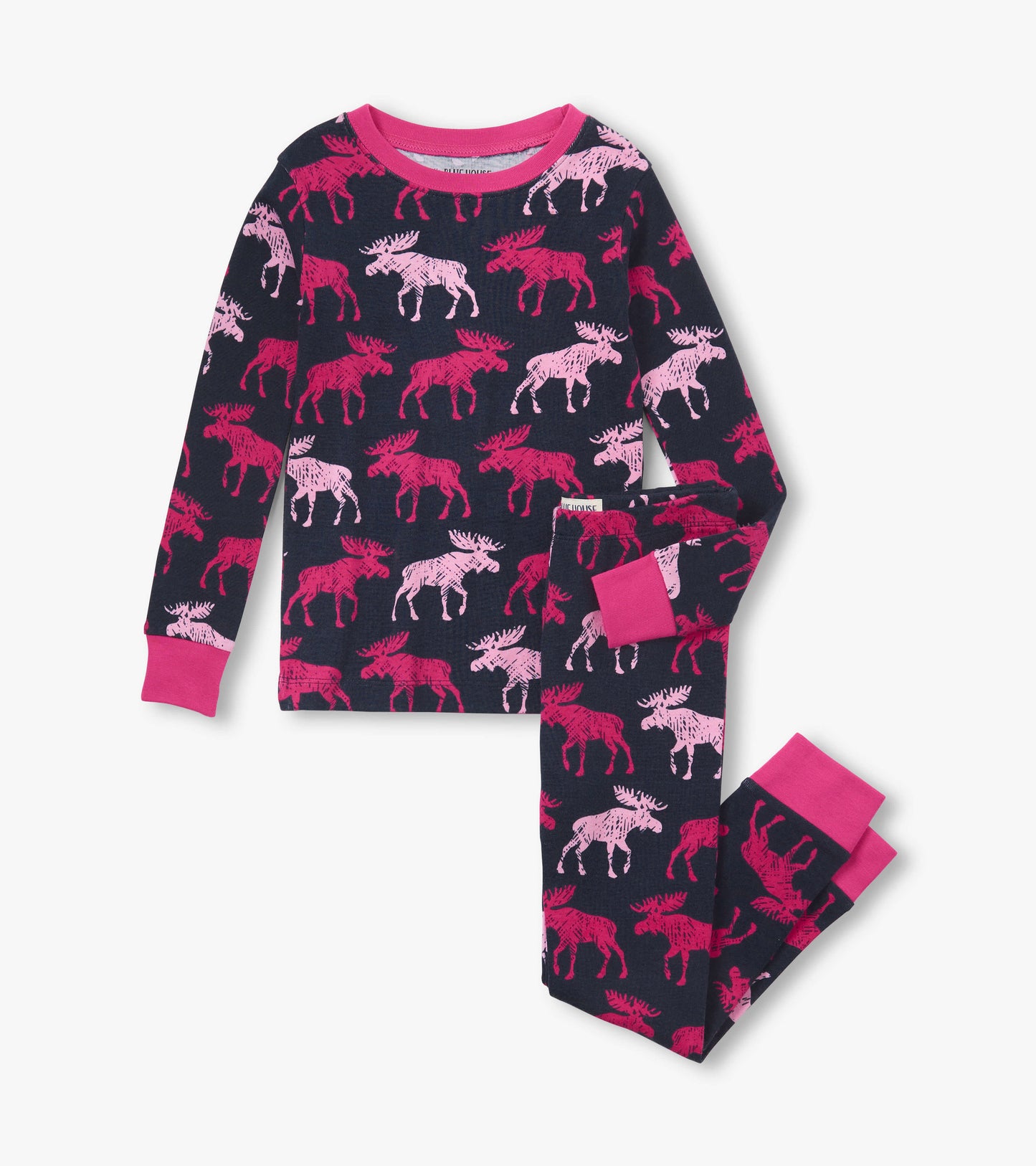 Navy pajama set featuring pink moose patterns, with long sleeves and matching pants, designed for kids.