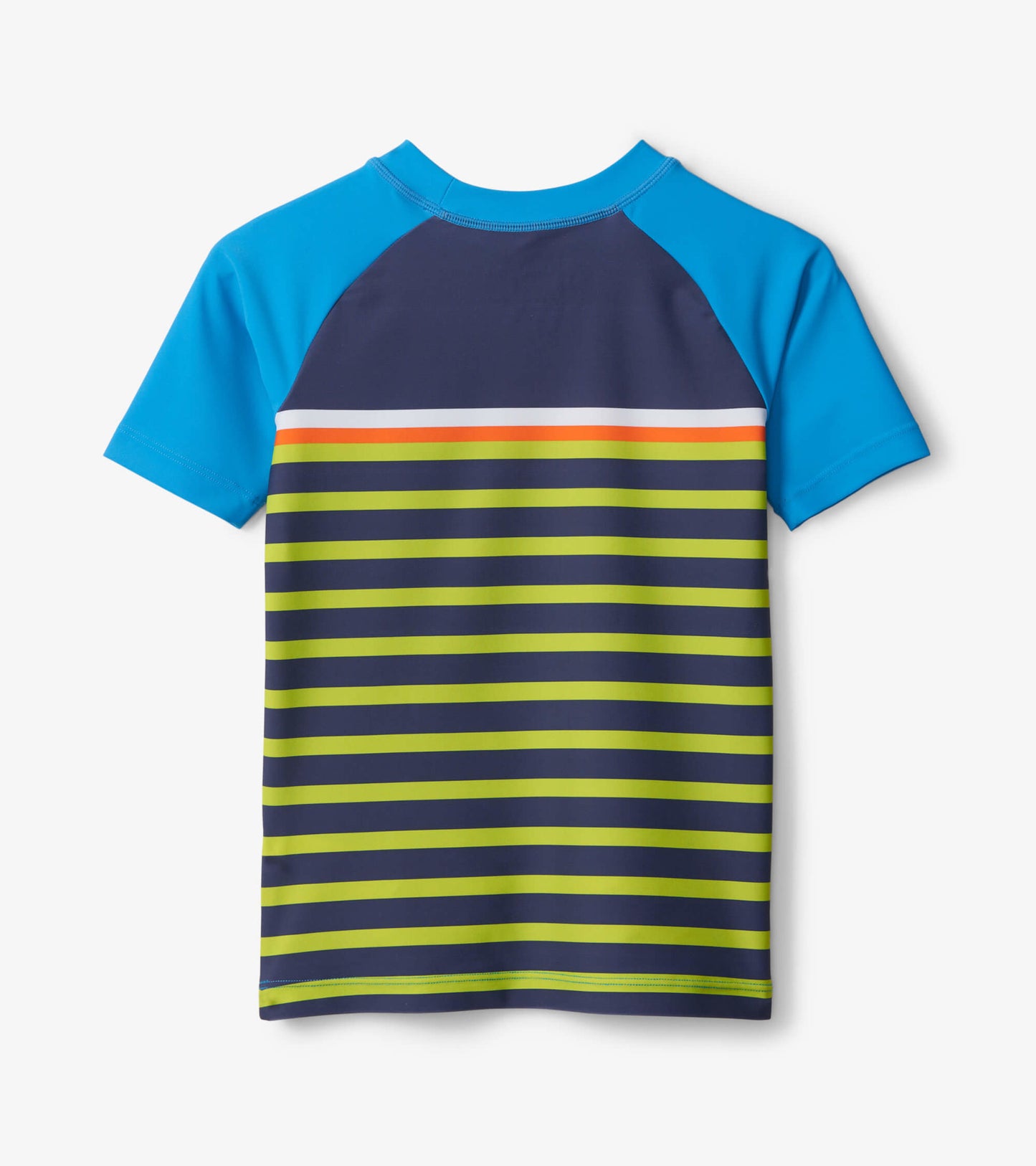 Short sleeve rashguard featuring blue sleeves and a striped pattern in navy, green, and orange on the back.