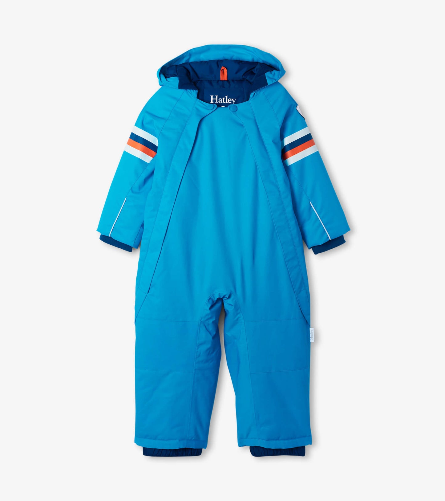 Sky blue toddler snowsuit with a hood, featuring orange and white stripes on the sleeves and a zippered front.