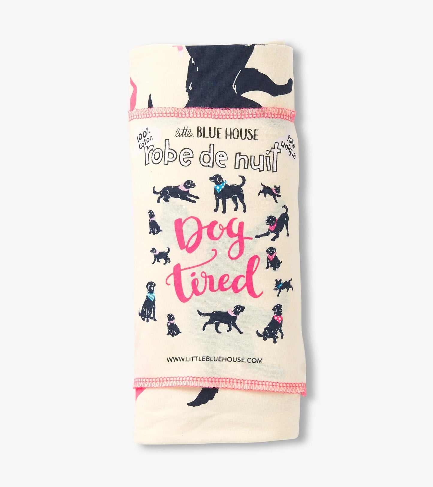 Cream sleepshirt featuring playful dog illustrations and the phrase "Dog tired," with pink trim and a relaxed fit.