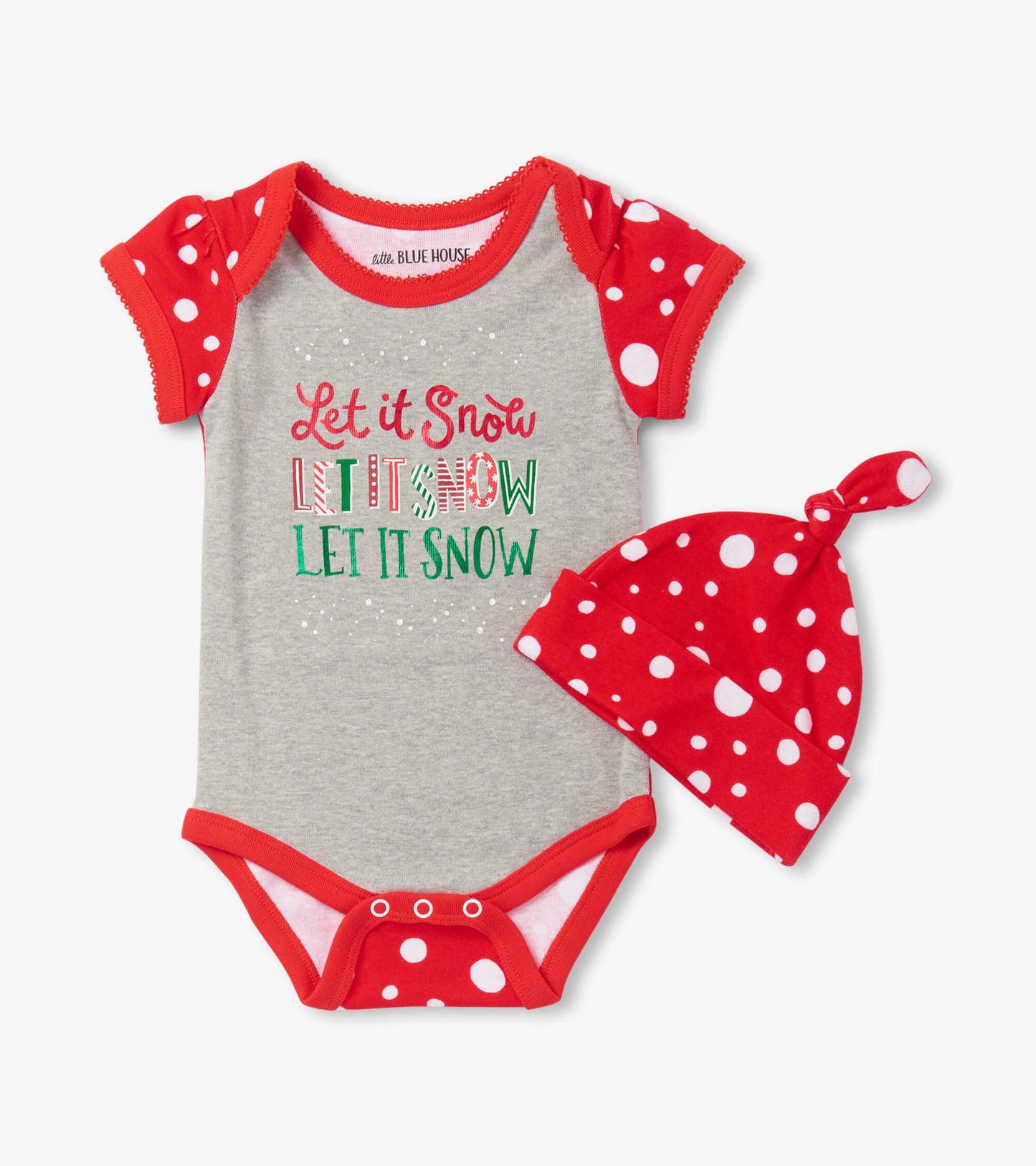 Gray bodysuit with red polka dot sleeves and matching hat, featuring "Let it Snow" text in festive colors.