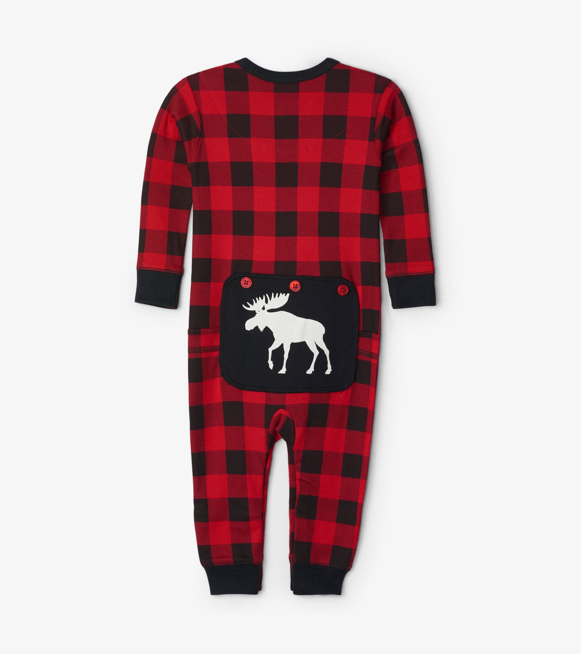 Red and black plaid baby union suit with a moose design on the back pocket and long sleeves.