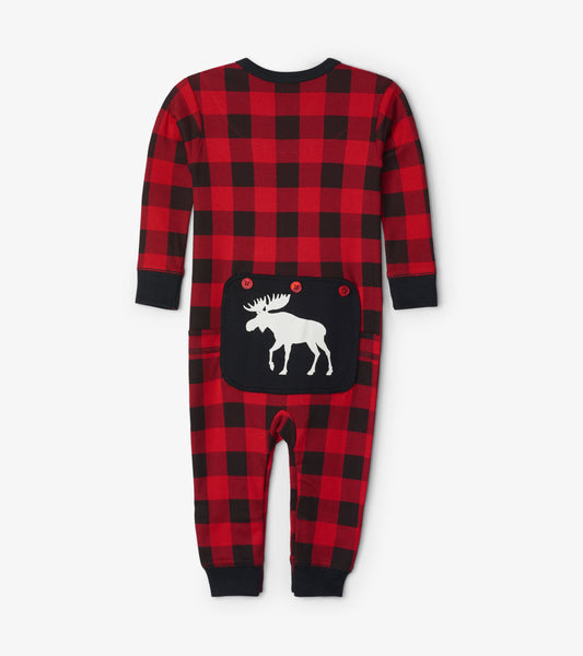 Red and black plaid baby union suit with a moose design on the back pocket and long sleeves.
