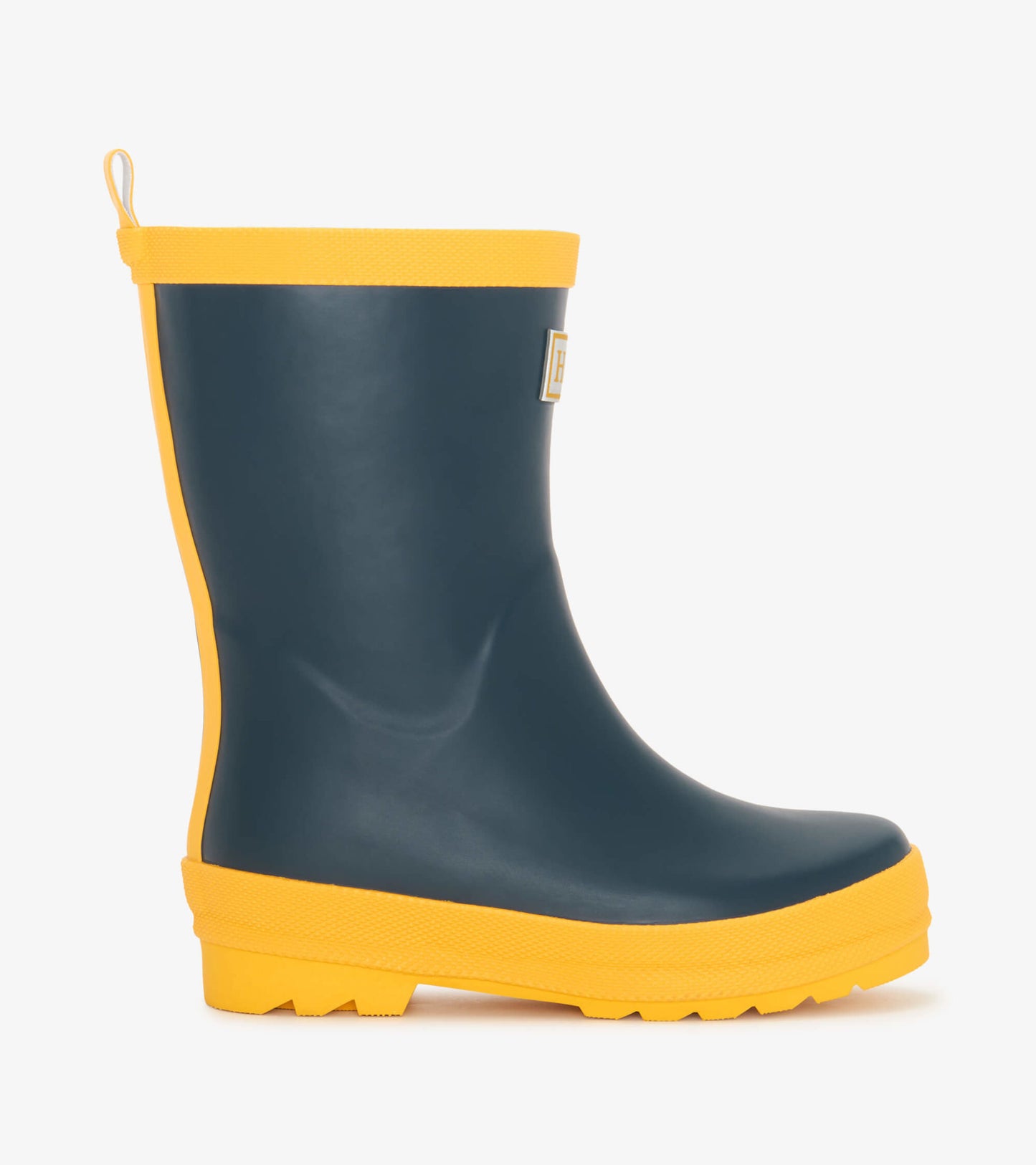Navy blue matte rain boots with a bright yellow sole and trim, featuring a textured grip for kids.