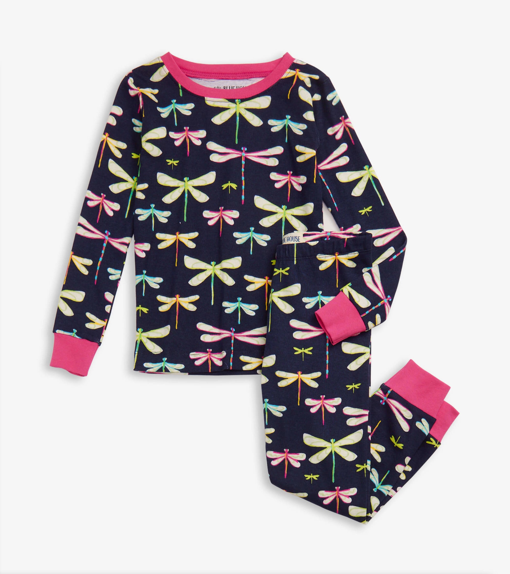 Navy pajama set featuring colorful dragonfly patterns, with pink cuffs and neckline, suitable for kids.