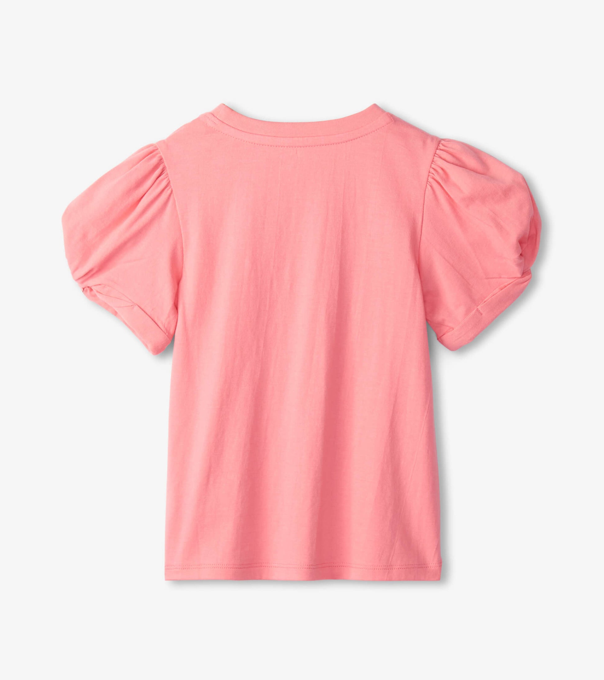 Pink short-sleeve tee with twisted sleeves and a round neckline, shown from the back.